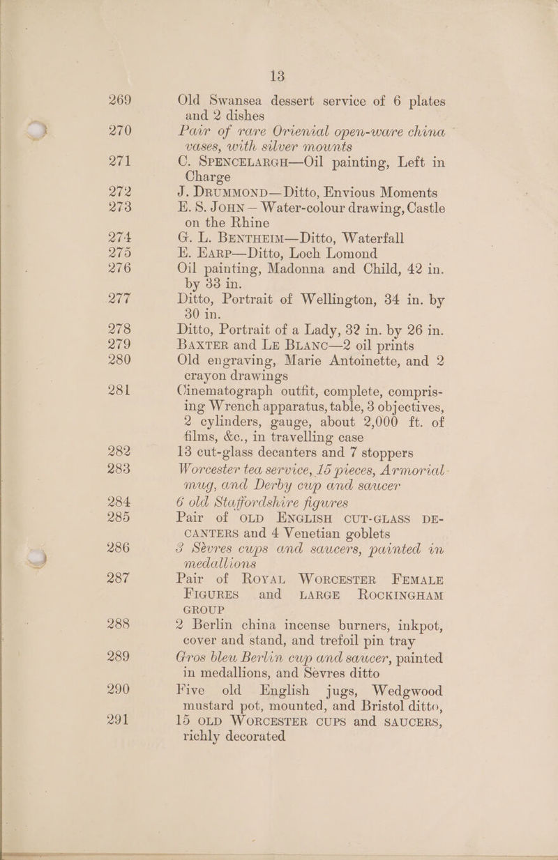 270 271 212 273 274 21d 276 Btt 278 219 280 281 282 283 284 285 286 287 288 289 290 291 13 and 2 dishes vases, with silver mounts C. SPENCELARGH—Oil painting, Left in Charge J. DRuMMOND— Ditto, Envious Moments H.S. JOHN — Water-colour drawing, Castle on the Rhine G. L. BENTHEIM—Ditto, Waterfall EK. Harp—Ditto, Loch Lomond Oil painting, Madonna and Child, 42 in. by 33 in. Ditto, Portrait of Wellington, 34 in. by 30 in. Ditto, Portrait of a Lady, 32 in. by 26 in. BAXTER and Le BLanc—2 oil prints Old engraving, Marie Antoinette, and 2 crayon drawings Cinematograph outfit, complete, compris- ing Wrench apparatus, table, 3 objectives, 2 cylinders, gauge, about 2,000 ft. of films, &amp;c., in travelling case 13 cut-glass decanters and 7 stoppers mug, and Derby cup and saucer 6 old Staffordshire figures Pair of OLD ENGLISH CUT-GLASS DE- CANTERS and 4 Venetian goblets 3 Sévres cups and saucers, puinted im medallions Pair of Royan WoRrcrEsTER FEMALE FIGURES and LARGE ROCKINGHAM GROUP 2 Berlin china incense burners, inkpot, cover and stand, and trefoil pin tray Gros bleu Berlin cup and saucer, painted in medallions, and Sevres ditto Five old English jugs, Wedgwood mustard pot, mounted, and Bristol ditto, 15 OLD WORCESTER CUPS and SAUCERS, richly decorated