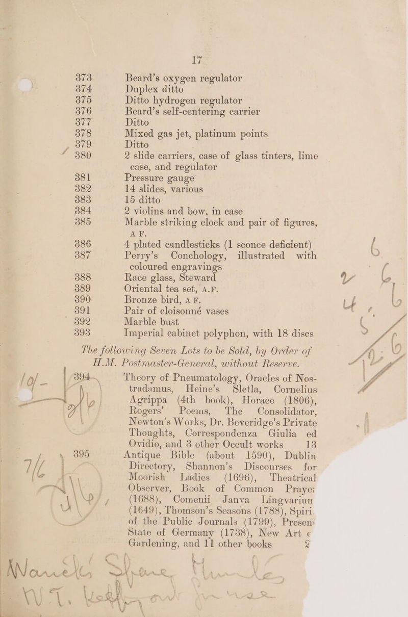 373 374 875 376 877 378 , 879 “ 380 381 382 383 384 385 386 387 388 089 390 B91 ca? 393 Th Beard’s oxygen regulator Duplex ditto Ditto hydrogen regulator Beard’s self- -centering carrier Ditto Mixed gas jet, an points Ditto 2 slide carriers, case of glass tinters, lime case, and regulator Pressure gauge 14 slides, various 15 ditto 2 violins and bow, in case Marble striking clock and pair of figures, AYE. 4 plated candlesticks (1 sconce deficient) Perry’s Conchology, illustrated with coloured engravings Race glass, Steward Oriental tea set, A.F. Bronze bird, AF. Pair of cloisonné vases Marble bust Imperial cabinet polyphon, with 18 dises 394 ' \ Theory of Pneumatology, Oracles of Nos- tradamus, Heine’s Sletla, Cornelius Agrippa (4th book), Horace (1806), Rogers’ Poems, The Consolidator, Newton’s W orks, Dr. Beveridge’ s Private Thoughts, Correspondenza “Giulia ed Ovidio, and 3 other Occult works 13 Antique Bible (about 1590), Dublin Directory, Shannon’s Discourses for Moorish Ladies (1696), Theatrical Observer, Book of Common Praye:; (1688), Comenii Janva Lingvariun (1649), Thomson’s Seasons (1788), Spiri. of the Public Journals (1799), Presen: State of Germany (1738), New Art c Gardening, and 11 other books A a 7 ¥ j o é Nae i 7 ; ' ; ‘ ™ 4 + 4 AACA Spd tench | f \ a i ee t Yn v3 ’ ' 43 1 BIA ee as