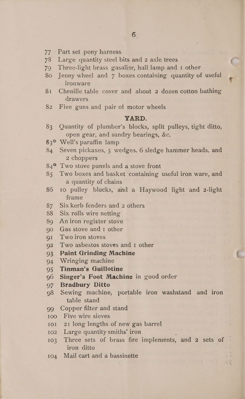 Large quantity steel bits and 2 axle trees Three-light brass gasalier, hall lamp and 1 other Jenny wheel and 7 boxes containing quantity of useful ironware Chenille table cover and about 2 dozen cotton bathing drawers Five guns and pair of motor wheels YARD. Quantity of plumber’s blocks, split pulleys, tight ditto, open gear, and sundry bearings, &amp;c. Seven pickaxes, 5 wedges. 6 sledge hammer heads, and | 2 choppers Two boxes and basket containing useful iron ware, and a quantity of chains 10 pulley blocks, and a Haywood light and 2-light frame se Six kerb fenders and 2 others Six rolls wire netting Aniron register stove Gas stove and 1 other Two asbestos stoves and 1 other Paint Grinding Machine Wringing machine Tinman’s Guillotine Singer’s Foot Machine in good order Bradbury Ditto Sewing machine, portable iron washstand and iron table stand Copper filter and stand Five wire sieves 21 long lengths of new gas barrel Large quantity smiths’ iron Three sets of brass fire implements, and 2 sets of iron ditto Mail cart and a bassinette