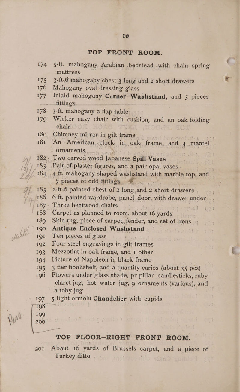 TOP FRONT ROOM. 5-tt. mahogany, Arabian .bedstead.-with chain spring mattress 3-ft-6 mahogany chest 3 long and 2 short drawers Mahogany oval dressing glass Inlaid nae Corner Washstand, and 5 pieces 3-ft. mahogany 2-flap fable Wicker easy ae with 1 cushion, and an oak folding | chair > © he Chimney mirror in gilt frame. . Two carved wood ee Spill Vases “ 7 pieces of odd fittings &amp; | / 2-ft-6 painted chest of 2 long. and : 2 Pee kes : Skin. rug, piece of carpet,. fender, and set of i irons” = Antique Enclosed Washstand | a Ten pieces of glass | Four steel engravings in gilt pe Mezzotint in oak.frame, and 1 other Picture of Napoleon in black frame eae 3-tier bookshelf, and a quantity curios (about 35 pcs) Flowers under glass shade, pr pillar candlesticks, ruby a toby jug ‘TOP FLOOR-RIGHT FRONT ROOM. About 16 yards of Brussels a and a pigre of Turkey ditto . |