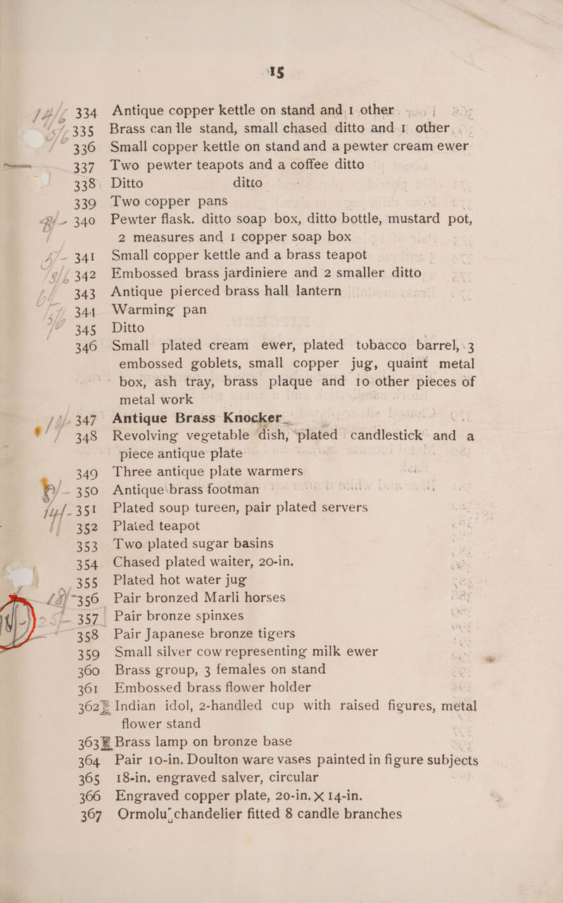 M5 Hi { 334 Antique copper kettle on stand and 1.other. =... | “7,335 Brass can lle stand, small chased ditto and-1 Padice.: ? /~ 336 Small copper kettle on stand and a pewter cream ewer —— ..___ 337. Two pewter teapots and a coffee ditto . ’ 338, Ditto ditto- 339 Two copper pans 4/340 Pewter flask. ditto soap box, ditto bottle, sutard pot 7 2 measures and I copper soap box 4>~ 341 Small copper kettle and a brass teapot 53 es ~ ¢/, 342 Embossed brass jardiniere and 2 smaller ditto ' / ‘343 Antique pierced brass hall lantern _ | 7, 344 Warming pan 348 Ditto i saa 346 Small plated cream ewer, plated tobacco barrel, 3 embossed goblets, small copper jug, quaint metal - box; ash ‘tray, -brass’ ere and 10 other pieces of metal work ; ///.347- Antique Brass- Knocker pit He RES PO J° As Revolving vegetable dish, ie, so candlestick’ and a - - piece antique plate — : 349 Three antique plate warmers /- 350. Antique\brass footman Beste: tu- 351 Plated soup tureen, pair lates servers f, 352 Plated teapot 353 Two plated sugar basins 354. Chased plated waiter, 20-in. . _ 355 Plated hot water jug 184-356 Pair bronzed Marli horses > SL 357 | Pair bronze spinxes 358 Pair Japanese bronze tigers 359 Small silver cowrepresenting milk ewer 360 Brass group, 3 females on stand 361 Embossed brass flower holder es 3628 Indian idol, 2-handled cup with raised figures, metal flower stand 363 @ Brass lamp on bronze base : 364 Pair 10-in. Doulton ware vases painted in figure subjects 365 18-in. engraved salver, circular 366 Engraved copper plate, 20-in. X 14-in.