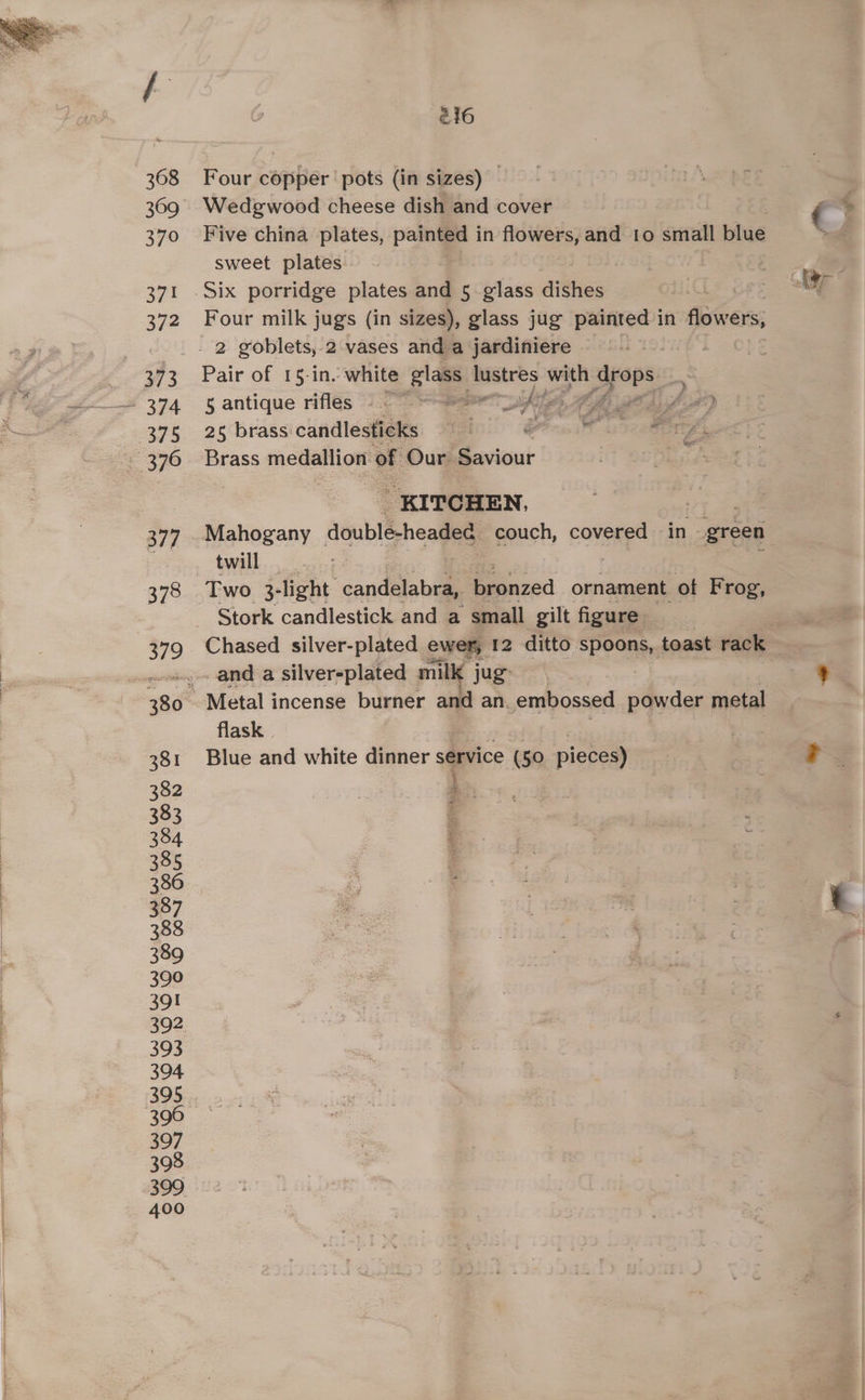 377 378 381 382 383 384 385 386 387 388 389 390 391 392 393 394 395 396 397 398 400 216 Four copper ‘pots (in sizes) Wedewood cheese dish and cover sweet plates Four milk jugs (in sizes), glass jug painted 1 in flowers, Pair of 15-in. white glass h om — eer ’ s antique rifles 1.0 =e EM abst A) 25 brass candlesticks BF i eee, Brass medallion’ of Our. Saviour 7 KITCHEN, : Mahogany double-headed couch, covered in green twill | Stork candlestick and a small gilt figure _ Metal incense burner and an. embossed powder metal flask | Blue and white dinner service (50 pieces) \