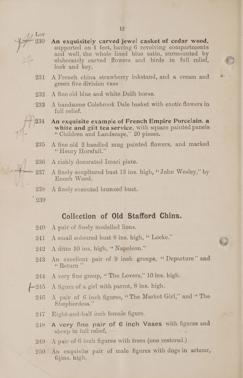 249 250 12 An exquisitely carved jewel casket of cedar wood, supported on 4 feet, having 6 revolving compartments and well, the whole lined blue satin, surmounted by elaborately carved flowers and birds in full relief, lock and key. A French china strawberry inkstand, and a cream and ereen five division vase A fine old blue and white Delft horse. A handsome Colebrook Dale basket with exotic flowers in full relief. An exquisite example of French Empire Porcelain, a “Children and Landscape,” 20 pieces. A fine old 2 handled mug painted flowers, and marked “Henry Horsrull.” A richly decorated Imari plate. A finely scupltured bust 13 ins. high, ‘‘John Wesley,” by Enoch Wood. A finely executed bronzed bust. Collection of Old Stafford China. A pair of finely modelled lions. A small coloured bust 8 ins. high, ‘‘ Locke.” A ditto 10-ins, high, “ Nagoleon.” «Return ” A figure of a girl with parrot, 8 ins. high. Sbepherdess,”’ Hight-and-half inch female figure. sheep in full relief. A pair of 6 inch figures with trees (one restored.) 64ins. high. wy