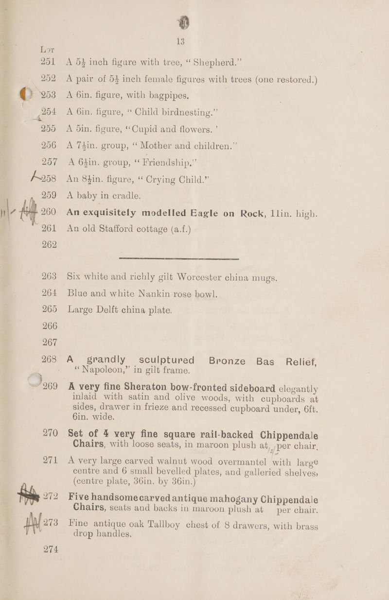 @ 13 A 654 inch figure with tree, “ Shepherd.” A pair of 54 inch female figures with trees (one restored.) A 6in. figure, with bagpipes, A 6in. figure, “ Child birdnesting.” A din. figure, ‘Cupid and flowers. ’ A 74in. group, ‘‘ Mother and children.” A 64in. group, “ Friendship,” pMresin. asure, “ Crying Child,” A baby in cradle. An exquisitely modelled Eagle on Rock, Llin. high. An old Stafford cottage (a.f.) Six white and richly gilt Worcester china mugs. Blue and white Nankin rose howl. Large Delft china plate. ‘““Napoleon,” in gilt frame. A very fine Sheraton bow-fronted sideboard elegantly injJaid with satin and olive woods, with cupboards at sides, drawer in frieze and recessed cupboard under, 6ft. 6in. wide. Set of 4 very fine square rail-backed Chippendale Chairs, with loose seats, in maroon plush at, per chair, A very large carved walnut wood overmantel with large centre and 6 small bevelled plates, and galleried shelves, (centre plate, 36in. by 36in.) Five handsomecarved antique mahogany Chippendale Chairs, seats and backs in maroon plush at per chair. Pine antique oak Tallboy chest of 8 drawers, with brass drop handles,