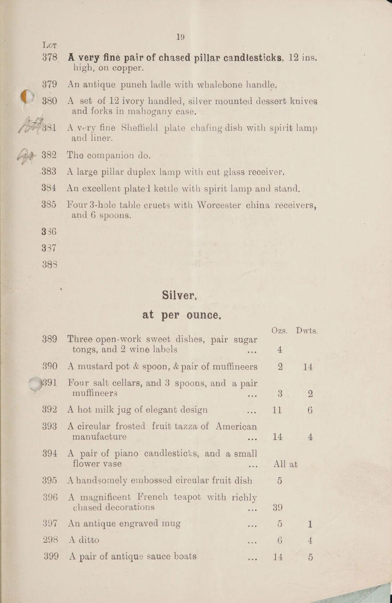 389 390 © 9891 392 393 394 395 396 397 298 19 A very fine pair of chased pillar candlesticks, 12 ins. high, on copper. An antique punch ladle with whalebone handle, A set of 12 ivory handled, silver mounted dessert knives and forks in mahogany case. A very fine Sheffield plate chafing dish with spirit lamp and liner. The companion do. A large pillar duplex lamp with cut glass receiver. An excellent plate1 kettle with spirit lamp and stand, Four 3-hole table cruets with Worcester china receivers, and 6 spoons. Silver, at per ounce, Ozs. Dwts. Three open-work sweet dishes, pair sugar tongs, and 2 wine labels Sore 4 A mustard pot &amp; spoon, &amp; pair of muffineers 2 14 Four salt cellars, and 3 spoons, and a pair muffineers Sic 3 A hot milk jug of elegant design en ah A circular frosted fruit tazza of American manufacture see 4 A pair of piano candlesticks, and a small flower vase bieie me eee A handsomely embossed circular fruit dish 5 A magnificent French teapot with richly chased decorations oO) An antique engraved mug as S) | A ditto Ake 6 4