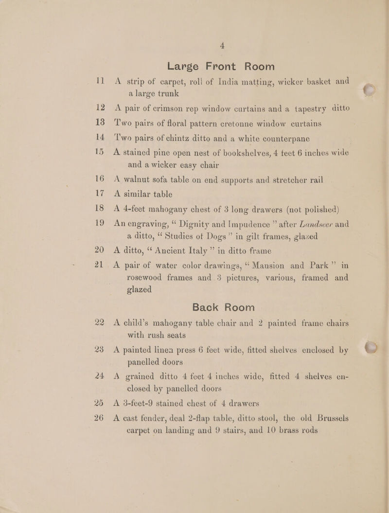 20 21 a2 24 20 26 4 Large Front Room A strip of carpet, roll of India matting, wicker basket and a large trunk A pair of crimson rep window curtains and a tapestry ditto Two pairs of floral pattern cretonne window curtains Two pairs of chintz ditto and a white counterpane and a wicker easy chair A walnut sofa table on end supports and stretcher rail A similar table A 4-feet mahogany chest of 3 long drawers (not polished) An engraving, ‘ Dignity and Impudence ” after Landseer and a ditto, ‘Studies ot Dogs” in gilt frames, glazed A ditto, ‘* Ancient Italy ” in ditto frame A pair of water color drawings, ‘‘ Mansion and Park” in rosewood frames and 3 pictures, various, framed and glazed Back Room A child’s mahogany table chair and 2 painted frame chairs with rush seats panelled doors A grained ditto 4 feet 4 inches wide, fitted 4 shelves en- closed by panelled doors A 3-feet-9 stained chest of 4 drawers A cast fender, deal 2-flap table, ditto stool, the old Brussels carpet on landing and 9 stairs, and 10 brass rods