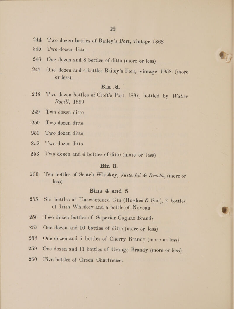 244 245 246 247 218 249 250 201 252 253 209 256 257 208 259 260 22 T'wo dozen bottles of Bailey’s Port, vintage 1868 Two dozen ditto €- j One dozen and 8 bottles of ditto (more or less) J One dozen and 4 bottles Bailey’s Port, vintage 1858 (more or less) Bin 8. T'wo dozen bottles of Croft’s Port, 1887, bottled by Walter Bovill, 1889 T'wo dozen ditto ‘T'wo dozen ditto ‘T'wo dozen ditto 'l'wo dozen ditto T'wo dozen and 4 bottles of ditto (more or less) Bin 3. Ten bottles of Scotch Whiskey, Justerind &amp; Brooks, (more or less) Bins 4 and 5 Six bottles of Unsweetened Gin (Hughes &amp; Son), 2 bottles of Irish Whiskey and a bottle of Noyeau e Two dozen bottles of Superior Cognac Brandy One dozen and 10 bottles of ditto (more or less) One dozen and 5 bottles of Cherry Brandy (more or less) One dozen and 11 bottles of Orange Brandy (more or less) Five bottles of Green Chartreuse.