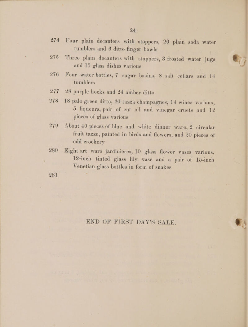 274 275 276 277 278 279 280 281 24 Four plain decanters with stoppers, 20 plain soda water tumblers and 6 ditto finger bowls , Three plain decanters with stoppers, 3 frosted water jugs and 15 glass dishes various Four water bottles, 7 sugar basins, 8 salt cellars and 14 tumblers 28 purple hocks and 24 amber ditto 18 pale green ditto, 20 tazza champagnes, 14 wines various, 9 liqueurs, pair of cut oil and vinegar cruets and 12 pieces of glass various About 40 pieces of blue and white dinner ware, 2 circular fruit tazze, painted in birds and flowers, and 20 pieces of odd crockery Hight art ware jardinieres, 10 glass flower vases various, 12-inch tinted glass lily vase and a pair of 15-inch Venetian glass bottles in form of snakes END OF FIRST DAY’S SALE. 54