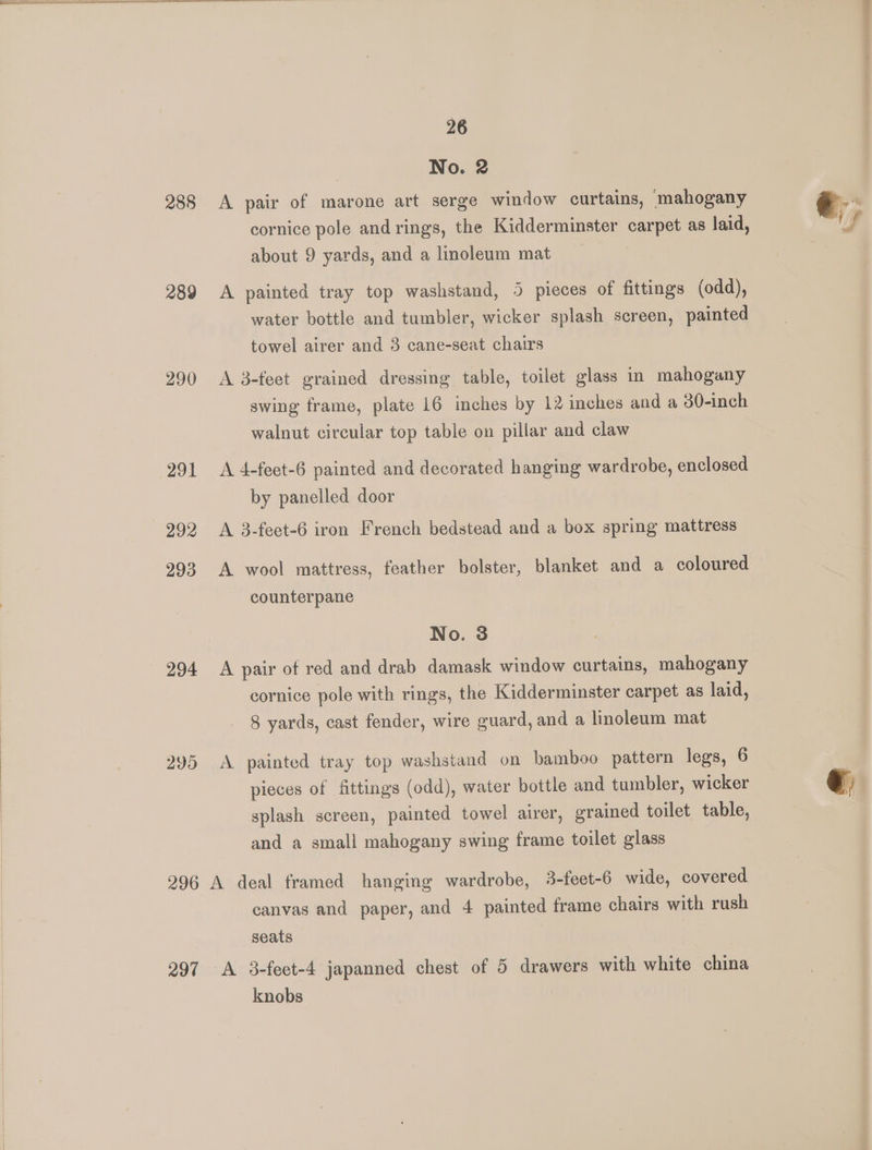 288 289 290 294 295 26 No. 2 A pair of marone art serge window curtains, ‘mahogany cornice pole andrings, the Kidderminster carpet as laid, about 9 yards, and a linoleum mat A painted tray top washstand, 5 pieces of fittings (odd), water bottle and tumbler, wicker splash screen, painted towel airer and 3 cane-seat chairs A 3-feet grained dressing table, toilet glass in mahogany swing frame, plate 16 inches by 12 inches and a 30-inch walnut circular top table on pillar and claw A 4-feet-6 painted and decorated hanging wardrobe, enclosed by panelled door A 3-feet-6 iron French bedstead and a box spring mattress A wool mattress, feather bolster, blanket and a coloured counterpane No. 3 A pair of red and drab damask window curtains, mahogany cornice pole with rings, the Kidderminster carpet as laid, 8 yards, cast fender, wire guard, and a linoleum mat A painted tray top washstand on bamboo pattern legs, 6 pieces of fittings (odd), water bottle and tumbler, wicker splash screen, painted towel airer, grained toilet table, and a small mahogany swing frame toilet glass 297 canvas and paper, and 4 painted frame chairs with rush seats A 3-feet-4 japanned chest of 5 drawers with white china knobs ih €