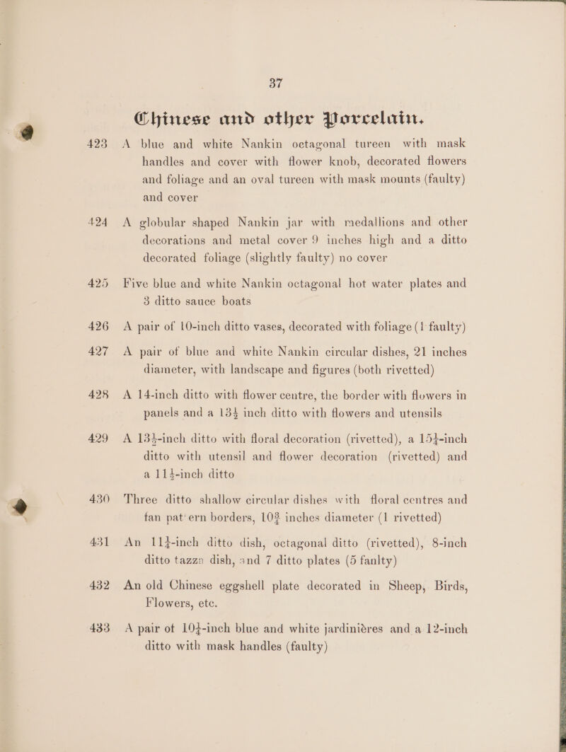 423 424 428 429 430 431 432 433 37 Chinese and other Porcelvin, A blue and white Nankin octagonal tureen with mask handles and cover with flower knob, decorated flowers and foliage and an oval tureen with mask mounts (faulty) A globular shaped Nankin jar with medallions and other decorations and metal cover 9 inches high and a ditto decorated foliage (slightly faulty) no cover Five blue and white Nankin octagonal hot water plates and 3 ditto sauce boats A pair of 10-inch ditto vases, decorated with foliage (1 faulty) A pair of blue and white Nankin circular dishes, 21 inches diameter, with landscape and figures (both rivetted) A 14-inch ditto with flower centre, the border with flowers in panels and a 134 inch ditto with flowers and utensils A 134-inch ditto with floral decoration (rivetted), a 154-inch ditto with utensil and flower decoration (rivetted) and a 114-inch ditto Three ditto shallow circular dishes with floral centres and fan pat‘ern borders, 10% inches diameter (1 rivetted) An 114-inch ditto dish, octagonal ditto (rivetted), 8-inch An old Chinese eggshell plate decorated in Sheep, Birds, Flowers, ete. A pair of 194-inch blue and white jardiniéres and a 12-inch ditto with mask handles (faulty) a