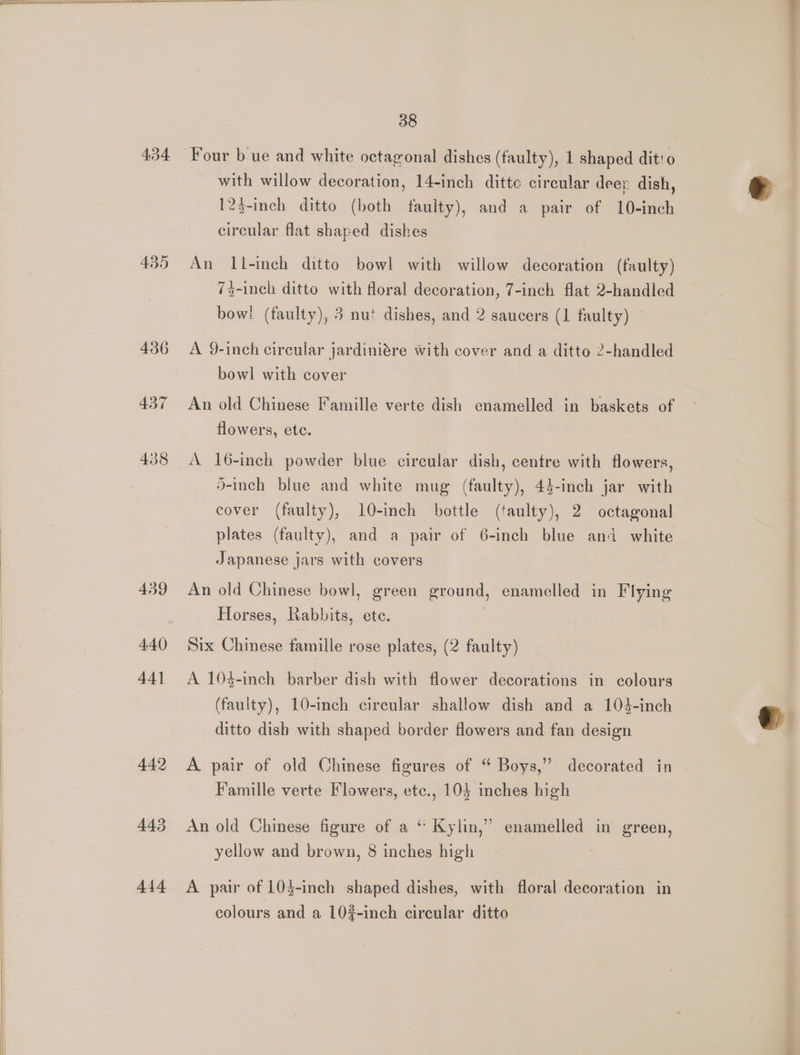 4.34 435 439 440 44] 442 443 444 38 Four b ue and white octagonal dishes (faulty), 1 shaped dit‘o with willow decoration, 14-inch ditte circular deer dish, 123-inch ditto (both faulty), and a pair of 10-inch circular flat shaped dishes An It-inch ditto bowl with willow decoration (faulty) 7z-inech ditto with floral decoration, 7-inch flat 2-handled bow! (faulty), 3 nut dishes, and 2 saucers (1 faulty) A 9-inch circular jardinigre with cover and a ditto 2-handled bowl with cover An old Chinese Famille verte dish enamelled in baskets of flowers, etc. A 16-inch powder blue circular dish, centre with flowers, d-inch blue and white mug (faulty), 44-inch jar with cover (faulty), 10-inch bottle (faulty), 2 octagonal plates (faulty), and a pair of 6-inch blue and white Japanese jars with covers An old Chinese bowl, green ground, enamelled in Flying Horses, Rabbits, ete. Six Chinese famille rose plates, (2 faulty) A 104-inch barber dish with flower decorations in colours (faulty), 10-inch circular shallow dish and a 104-inch ditto dish with shaped border flowers and fan design A pair of old Chinese figures of “ Boys,” decorated in Famille verte Flowers, etc., 104 inches high An old Chinese figure of a “ Kylin,’’ enamelled in green, yellow and brown, 8 inches high A pair of 103-inch shaped dishes, with floral decoration in colours and a 10-inch circular ditto