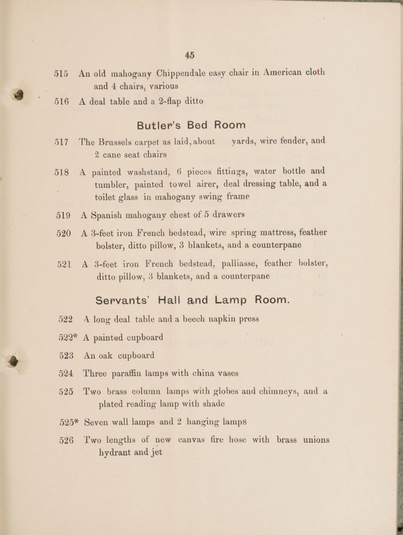 515 517 518 519 520 521 45 An old mahogany Chippendale easy chair in American cloth and 4 chairs, various A deal table and a 2-flap ditto Butler’s Bed Room The Brussels carpet as laid,about yards, wire fender, and 2 cane seat chairs A painted washstand, 6 pieces fittings, water bottle and tumbler, painted towel airer, deal dressing table, and a toilet glass in mahogany swing frame A Spanish mahogany chest of 5 drawers A 3-feet iron French bedstead, wire spring mattress, feather bolster, ditto pillow, 3 blankets, and a counterpane A 3-feet iron French bedstead, palliasse, feather bolster, ditto pillow, 3 blankets, and a counterpane ~ Servants’ Hall and Lamp Room. plated reading lamp with shade hydrant and jet