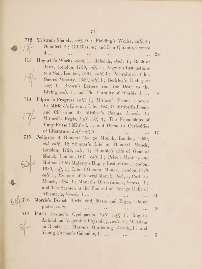 Tristram Shandy, calf, 10; Fielding’s Works, calf, 4 &amp; it i 2; Gil Blas, st and Don Quixote, morocco 713 ee, s Works, e/oth, 1; awe cloth, 1; Book of Jests, London, 1759, calf 1; Argyle’s Instructions n| to a Son, London, 1661, calf, 1; Portraiture of his | | a Sacred Majesty, 1649, calf, 1; Berkley’s Dialogues | calf, 1; Brown’s Letters from the Dead to the Living, calf, 1; and The Plurality of Worlds, 1 714 Pilgrim’s Progress, calf, 1; Mitford’s Poems, morocco 1; Mitford’s Literary Life, cloth, 3; Mitford’s Poems 7: and Christina, 2; Mitford’s Poems, boards, 1; ~ 4 rsa) Mitford’s Regis, half calf, 3; The Friendships of Mary Russell Mitford, 1; and Disraeli’s Curiosities of Literature, half ‘ale 5 te 715 Pedigree of General George Monck, Poadeey 1659, old calf, li; Skinner’s Life of Genes Monck, London, 1724, calf, 3; Gumble’s Life of General Monck, London, 1671, calf, 1; Price’s Mystery and of Method of his Majesty’s Happy Restoration, London, 1650, calf, 1; Life of General Monck, London, 1723 calf, 1; Memoirs of General Monck, cloth, 1 ; Corbet’s 4 Monck, cloth, 1; Monck’s Observations, boards, 1; | and ‘The Sermon at the Funeral of George Duke of Albemarle, boards, 1... 6078 Morris’s British Birds, and, esis and Rees, eee plates, cloth, AP ee sf “17 = Pott’s: Farmer’s Cyclopadia, half calyy1: ate s 5 Animal and Vegetable Physiology, calf, 2; McAdam : Y- on Roads, 1; Mason’s Gardening, ern 1; and | Young Farmer’s Calendar, 1 sa 24 ty lL