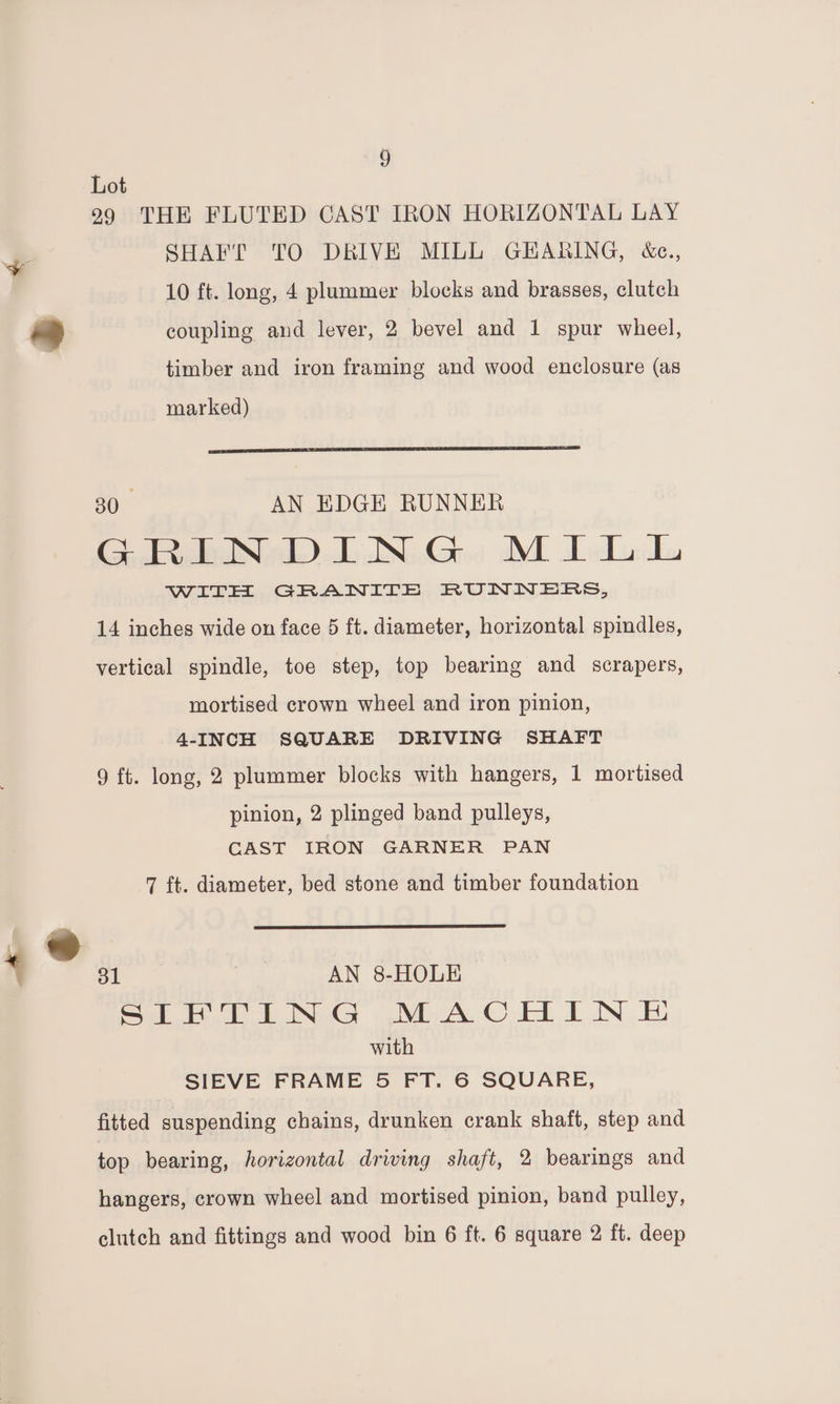 y 99 THE FLUTED CAST IRON HORIZONTAL LAY SHAFT TO DRIVE MILL GEARING, &amp;e., 10 ft. long, 4 plummer blocks and brasses, clutch coupling and lever, 2 bevel and 1 spur wheel, timber and iron framing and wood enclosure (as 30. AN EDGE RUNNER GRINDING MILL WITH GRANITE RUNNERS, 14 inches wide on face 5 ft. diameter, horizontal spindles, vertical spindle, toe step, top bearing and scrapers, mortised crown wheel and iron pinion, 4-INCH SQUARE DRIVING SHAFT 9 ft. long, 2 plummer blocks with hangers, 1 mortised pinion, 2 plinged band pulleys, CAST IRON GARNER PAN 7 ft. diameter, bed stone and timber foundation Sey bo INeG iM ALO EL TIN with SIEVE FRAME 5 FT. 6 SQUARE, fitted suspending chains, drunken crank shaft, step and top bearing, horizontal driving shaft, 2 bearings and hangers, crown wheel and mortised pinion, band pulley, clutch and fittings and wood bin 6 ft. 6 square 2 ft. deep