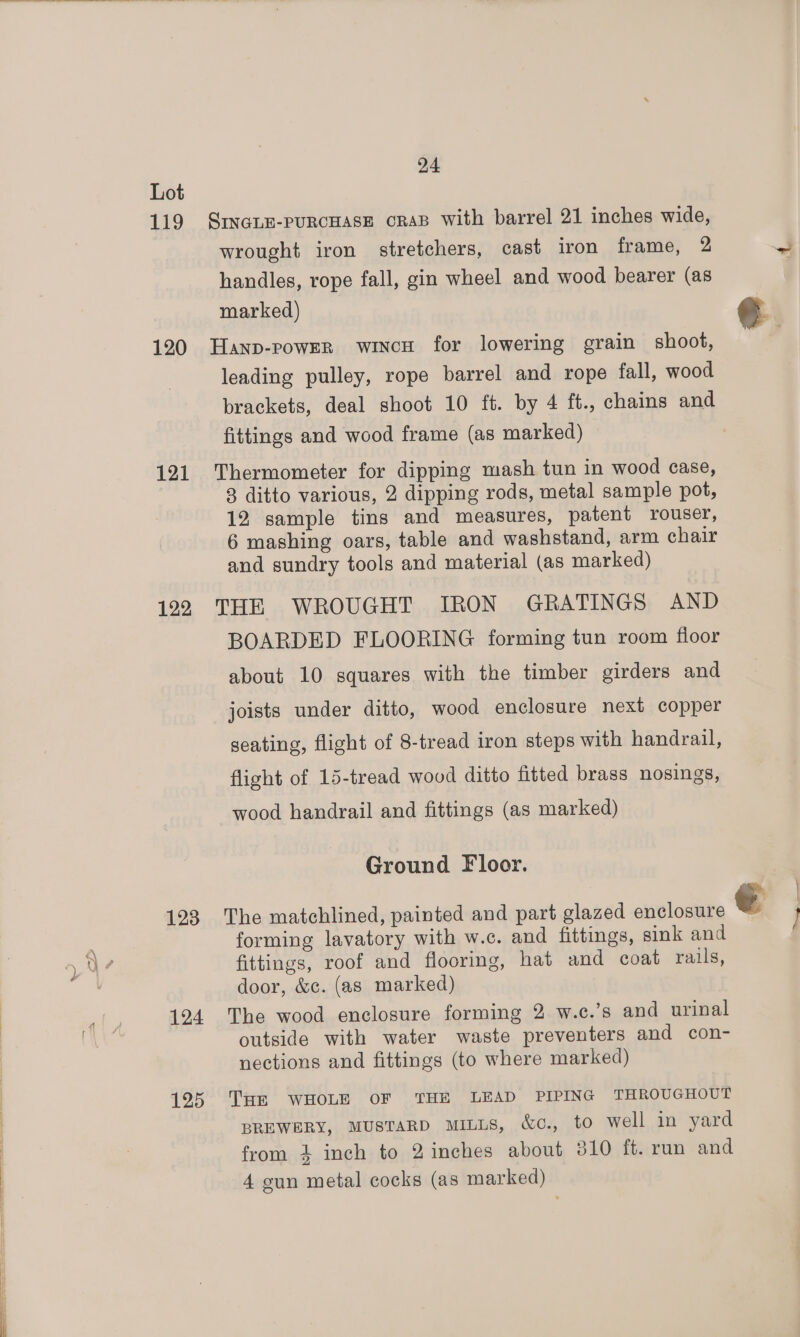 119 120 121 122 128 24 SINGLE-PURCHASE CRAB with barrel 21 inches wide, wrought iron stretchers, cast iron frame, 2 handles, rope fall, gin wheel and wood bearer (as marked) Hanp-powEr wincH for lowering grain shoot, leading pulley, rope barrel and rope fall, wood brackets, deal shoot 10 ft. by 4 ft., chains and fittings and wood frame (as marked) Thermometer for dipping mash tun in wood case, 8 ditto various, 2 dipping rods, metal sample pot, 12 sample tins and measures, patent rouser, 6 mashing oars, table and washstand, arm chair and sundry tools and material (as marked) THE WROUGHT IRON GRATINGS AND BOARDED FLOORING forming tun room floor about 10 squares with the timber girders and joists under ditto, wood enclosure next copper seating, flight of 8-tread iron steps with handrail, flight of 15-tread wood ditto fitted brass nosings, wood handrail and fittings (as marked) Ground Floor. The matchlined, painted and part glazed enclosure forming lavatory with w.c. and fittings, sink and fittings, roof and flooring, hat and coat rails, door, &amp;c. (as marked) 125 outside with water waste preventers and con- nections and fittings (to where marked) THe WHOLE OF THE LEAD PIPING THROUGHOUT BREWERY, MUSTARD minis, &amp;c., to well in yard from 3 inch to 2 inches about 810 ft. run and