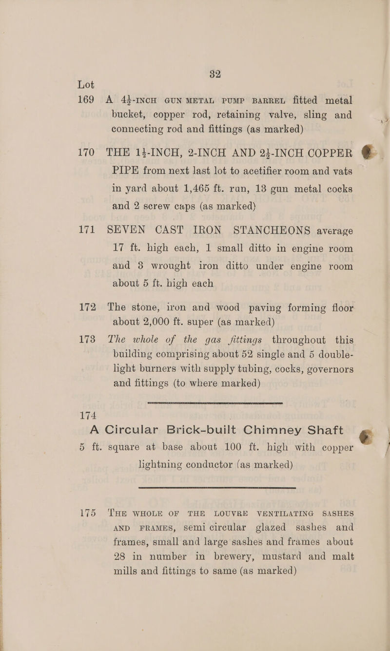 169 170 171 172 173 174 32 A 43-INCH GUN METAL PUMP BARREL fitted metal bucket, copper rod, retaining valve, sling and connecting rod and fittings (as marked) THE 14-INCH, 2-INCH AND 23-INCH COPPER PIPE from next last lot to acetifier room and vats in yard about 1,465 ft. ran, 13 gun metal cocks and 2 screw caps (as marked) SEVEN CAST IRON STANCHEONS average 17 ft. high each, 1 small ditto in engine room and 8 wrought iron ditto under engine room about 5 ft. high each The stone, iron and wood paving forming floor about 2,000 ft. super (as marked) The whole of the gas jfitttings throughout this building comprising about 52 single and 5 double- light burners with supply tubing, cocks, governors and fittings (to where marked) 175 lightning conductor (as marked) THE WHOLE OF THE LOUVRE VENTILATING SASHES AND FRAMES, Semi circular glazed sashes and frames, small and large sashes and frames about 28 in number in brewery, mustard and malt mills and fittings to same (as marked)
