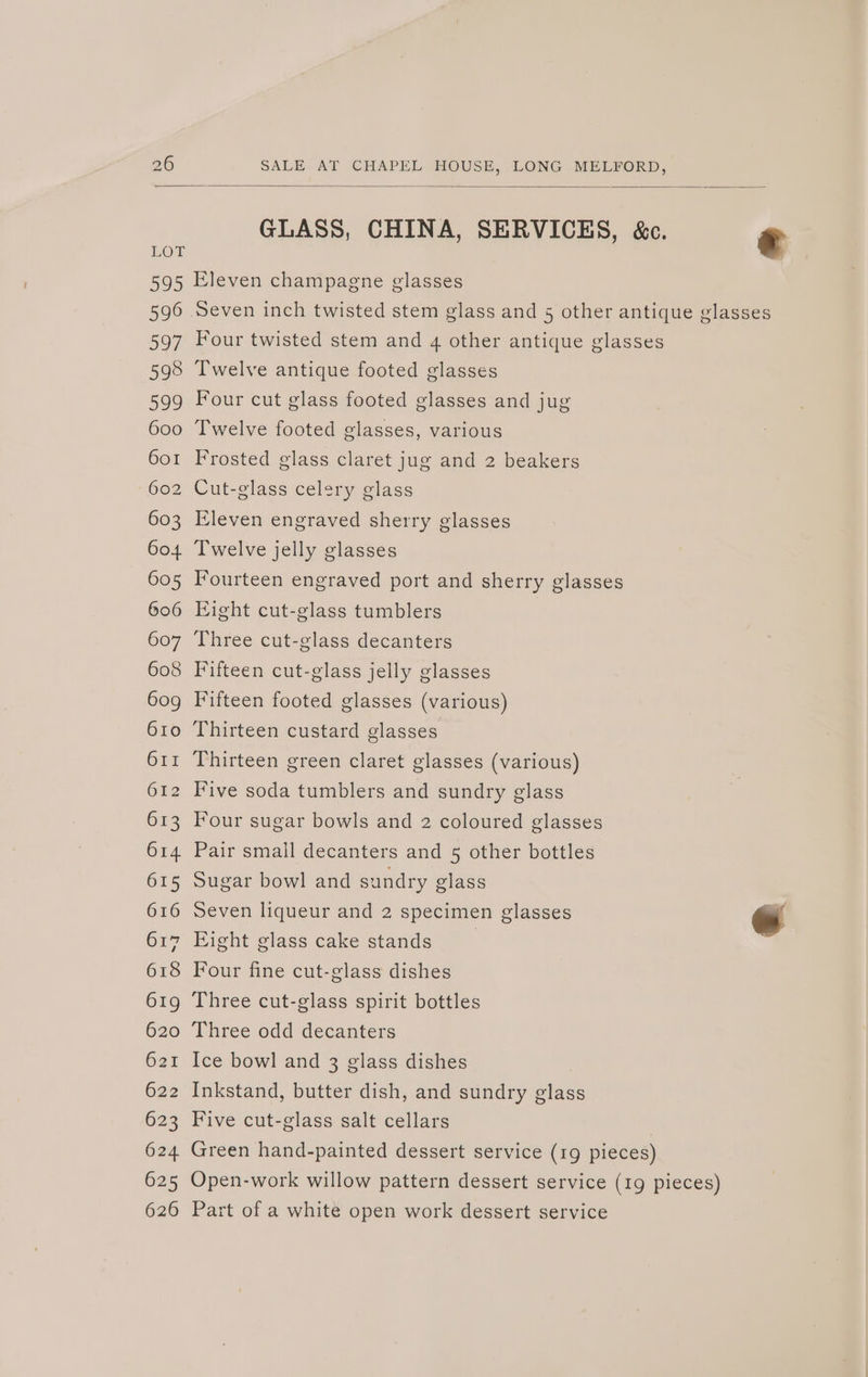 GLASS, CHINA, SERVICES, &amp;c. e LOT 595 Eleven champagne glasses 596 Seven inch twisted stem glass and 5 other antique glasses 597 Four twisted stem and 4 other antique glasses 598 Twelve antique footed glasses 599 Four cut glass footed glasses and jug 600 Twelve footed glasses, various Gor Frosted glass claret jug and 2 beakers 602 Cut-glass celery glass 603 Eleven engraved sherry glasses 604 Twelve jelly glasses 605 Fourteen engraved port and sherry glasses 606 Eight cut-glass tumblers 607 Three cut-glass decanters 608 Fifteen cut-glass jelly glasses 609 Fifteen footed glasses (various) 610 Thirteen custard glasses 611 Thirteen green claret glasses (various) 612 Five soda tumblers and sundry glass 613 Four sugar bowls and 2 coloured glasses 614 Pair small decanters and 5 other bottles 615 Sugar bowl and sundry glass 616 Seven liqueur and 2 specimen glasses - 617 Eight glass cake stands 618 Four fine cut-glass dishes 619 Three cut-glass spirit bottles 620 Three odd decanters 621 Ice bowl and 3 glass dishes 622 Inkstand, butter dish, and sundry glass 623 Five cut-glass salt cellars | 624 Green hand-painted dessert service (19 pieces) 625 Open-work willow pattern dessert service (19 pieces) 626 Part of a white open work dessert service