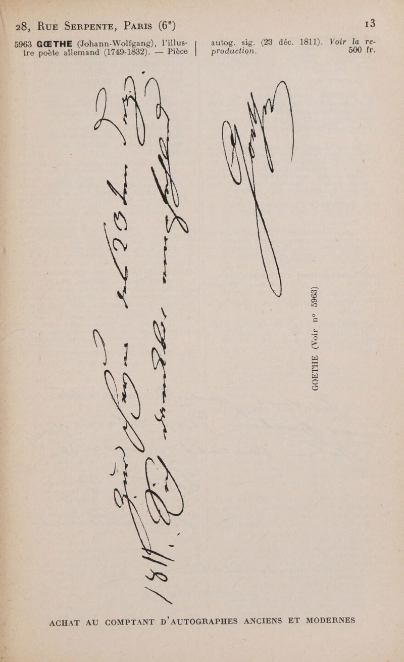 5963 GŒTHE (Johann-Wolfgang), l’illus- autog. sig. {28 déc. 1811). Voir la re- tre poète allemand (1749-1832). — Pièce | production. 500 fr. GOETHE (Voir n° 5963)