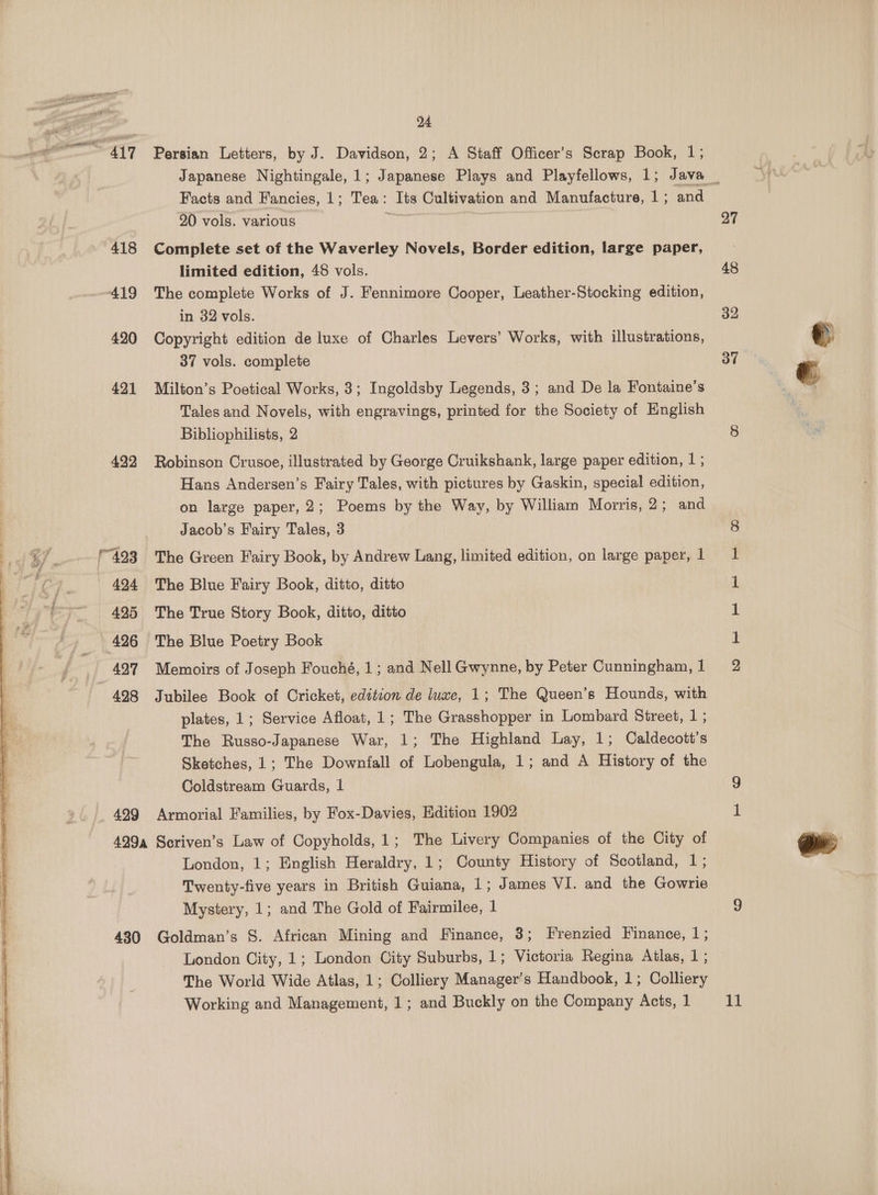 422 424 429 429a 430 94 Persian Letters, by J. Davidson, 2; A Staff Officer’s Scrap Book, 1; Facts and Fancies, 1; Tea: Its Cultivation and Manufacture, 1; and 20 vols. various ae Complete set of the Waverley Novels, Border edition, large paper, limited edition, 48 vols. The complete Works of J. Fennimore Cooper, Leather-Stocking edition, in 32 vols. Copyright edition de luxe of Charles Levers’ Works, with illustrations, 37 vols. complete Milton’s Poetical Works, 3; Ingoldsby Legends, 3; and De la Fontaine's Tales and Novels, with engravings, printed for the Society of English Bibliophilists, 2 Robinson Crusoe, illustrated by George Cruikshank, large paper edition, | ; Hans Andersen’s Fairy Tales, with pictures by Gaskin, special edition, on large paper, 2; Poems by the Way, by William Morris, 2; and Jacob’s Fairy Tales, 3 The Green Fairy Book, by Andrew Lang, limited edition, on large paper, 1 The Blue Fairy Book, ditto, ditto The True Story Book, ditto, ditto The Blue Poetry Book Memoirs of Joseph Fouché, 1; and Nell Gwynne, by Peter Cunningham, 1 Jubilee Book of Cricket, edztion de luxe, 1; The Queen’s Hounds, with plates, 1; Service Afloat, 1; The Grasshopper in Lombard Street, 1 ; The Russo-Japanese War, 1; The Highland Lay, 1; Caldecott’s Sketches, 1; The Downfall of Lobengula, 1; and A History of the Coldstream Guards, 1 Armorial Families, by Fox-Davies, Edition 1902 Seriven’s Law of Copyholds, 1; The Livery Companies of the City of London, 1; English Heraldry, 1; County History of Scotland, 1; Twenty-five years in British Guiana, |; James VI. and the Gowrie Mystery, 1; and The Gold of Fairmilee, 1 Goldman’s S. African Mining and Finance, 3; Frenzied Finance, 1; London City, 1; London City Suburbs, 1; Victoria Regina Atlas, 1 ; The World Wide Atlas, 1; Colliery Manager’s Handbook, 1; Colliery Working and Management, 1; and Buckly on the Company Acts, 1 On a a eo 11