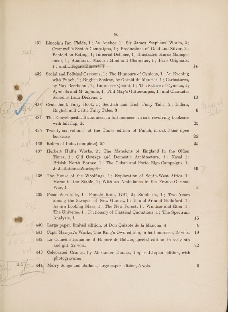 431 432 435 436 437 438 439 440 441 449 443 25 Lincoln’s Inn Fields, 1; At Anchor, 1; Sir James Stephens’ Works, 2; Cromwell’s Scotch Campaigns, 1; Productions of Gold and Silver, 3; Penfold on Rating, 1; Imperial Defence, 1; Illustrated Horse Manage- ment, 1; Studies of Modern Mind and Character, 1; Paris Originals, 1; and.a.Figaro-TNustré, 1 Social and Political Cartoons, 1; The Humours of Cynicus, 1; An Evening with Punch, 1; English Society, by Gerald du Maurier, 1 ; Caricatures, _by Max Beerbohm, 1; Impresses Quaint, 1; The Satires of Cynicus, 1; Symbols and Metaphors, 1; Phil May’s Guttersnipes, 1 ; and Character Sketches from Dickens, 1 Cruikshank Fairy Book, 1; Scottish and Ivish Fairy Tales, 2; Indian, English and Celtic Fairy Tales, 3 The Encyclopedia Britannica, in full morocco, in oak revolving bookcase with fall flap, 25 Twenty-six volumes of the Times edition of Punch, in oak 3-tier open bookcase Rulers of India (complete), 25 Herbert Hall’s Works, 2; The Mansions of England in the Olden Times, 1; Old Cottage and Domestic Architecture, 1; Natal, 1; British North Borneo, 1; The Cuban and Porto Riga Campaigns, 1; J. d+-Butler’s. Works; 3~ The House of the Woolfings, 1; Exploration of South-West Africa, 1; Horse in the Stable, 1; With an Ambulance in the Franco-German War, 1 Penal Servitude, 1; Female Ruin, 1781, 2; Zambezia, 1; Two Years among the Savages of New Guinea, 1; In and Around Guildford, 1 ; As ina Looking Glass, 1; The New Forest, 1; Windsor and Eton, 1; The Universe, 1; Dictionary of Classical Quotations, 1; The Spectrum Analysis, 1 Large paper, limited edition, of Don Quixote de la Mancha, 4 Capt. Marryat’s Works, The King’s Own edition, in half morocco, 19 vols. La Comedie Humaine of Honoré de Balzac, special edition, in red cloth and gilt, 22 vols. Celebrated Crimes, by Alexander Dumas, Imperial Japan edition, with photogravures Merry Songs and Ballads, large paper edition, 5 vols. 14 10 10 16