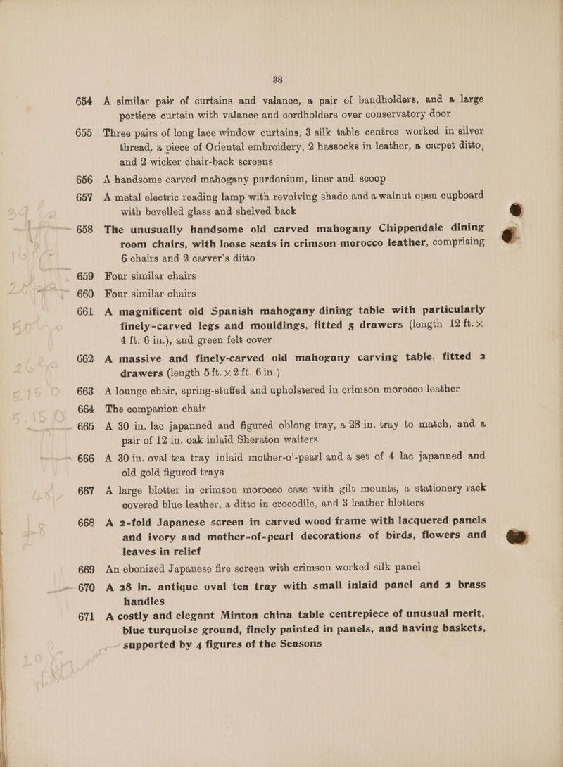 654 655 656 657 659 660 661 662 663 665 ~ 666 667 668 669 671 38 A similar pair of curtains and valance, a pair of bandholders, and a large portiere curtain with valance and cordholders over conservatory door Three pairs of long lace window curtains, 3 silk table centres worked in silver thread, a piece of Oriental embroidery, 2 hassocks in leather, a carpet ditto, and 2 wicker chair-back screens A handsome carved mahogany purdonium, liner and scoop A metal electric reading lamp with revolving shade anda walnut open cupboard with bevelled glass and shelved back The unusually handsome old carved mahogany Chippendale dining room chairs, with loose seats in crimson morocco leather, comprising 6 chairs and 2 carver’s ditto Four similar chairs Four similar chairs A magnificent old Spanish mahogany dining table with particularly finely-carved legs and mouldings, fitted 5 drawers (length 12 ft. x 4 ft. 6 in.), and green felt cover A massive and finely-carved old mahogany carving table, fitted 2 drawers (length 5 ft. x 2 ft. 6 in.) A lounge chair, spring-stuffed and upholstered in crimson morocco leather A 30 in. lac japanned and figured oblong tray, a 28 in. tray to match, and a pair of 12 in. oak inlaid Sheraton waiters A 30 in. oval tea tray inlaid mother-o’-pearl and a set of 4 lac japanned and old gold figured trays A large blotter in crimson morocco case with gilt mounts, a stationery rack covered blue leather, a ditto in crocodile, and 3 leather blotters A 2-fold Japanese screen in carved wood frame with lacquered panels and ivory and mother-of-pearl decorations of birds, flowers and leaves in relief An ebonized Japanese fire screen with crimson worked silk panel handles A costly and elegant Minton china table centrepiece of unusual merit, blue turquoise ground, finely painted in panels, and having baskets, supported by 4 figures of the Seasons %e
