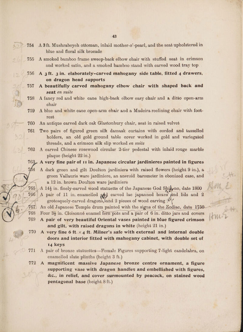 43 » 754 A3ft. Mushrabeyeh ottoman, inlaid mother-o’-pearl, and the seat upholstered in blue and floral silk brocade 755 A smoked bamboo frame sweep-back elbow chair with stuffed seat in crimson and worked satin, and a smoked bamboo stand with carved wood tray top. | 756 A 3ft. 3in. elaborately-carved mahogany side table, fitted 4 drawers, on dragon head supports 757 A beautifully carved mahogany elbow chair with shaped back and } seat en suite b? 758 A fancy red and white cane high-back elbow easy chair and a ditto open-arm rh chair 759 <A blue and white cane open-arm chair and a Madeira reclining chair with foot- rest 760 An antique carved dark oak Glastonbury chair, seat in raised velvet 761 Two pairs of figured green silk damask curtains with corded and tasselled holders, an old gold ground table cover worked in gold and variegated threads, and a crimson silk slip worked en suste 762 <A carved Chinese rosewood circular 2-tier pedestal with inlaid rouge marble plaque (height 22 in.) A very fine pair of 11 in. Japanese circular jardinieres painted in figures A dark green and gilt Doulton jardiniere with raised flowers (height 9 in.), a green Vallauris ware jardiniere, an aneroid barometer in ebonized case, and - a 12 in. brown Doulton ware jardiniere | 44 \ A 144 in. finely-carved wood statuette of the Japanese God Shidyno, date 1800 / A pair of 11 in. cnauaeNet J carved lac japanned boxes g@nd hds and 2 grotesquely-carved cpecone Pia 2, pieces of wood carving \V\ \ seg _ An old Japanese Temple drum painted with the signs of the Zodiac, date 1750. Four 34 in. Cloisonné enamel fée#i pots and a pair of 6 in. ditto jars and covers jj. 769 A pair of very beautiful Oriental vases painted in blue figured crimson || and gilt, with raised dragons in white (height 21 in.) ~ 770 A very fine 6 ft. x 4 ft. Milner’s safe with external and internal double », doors and interior fitted with mahogany cabinet, with double set of 14 keys 771 A pair of bronze statuettes—Female Figures supporting 7-light candelabra, on enamelled slate plinths (height 3 ft.) 7 772 A magnificent massive Japanese bronze centre ornament, a figure supporting vase with dragon handles and embellished with figures, &amp;c., in relief, and cover surmounted by peacock, on stained wood
