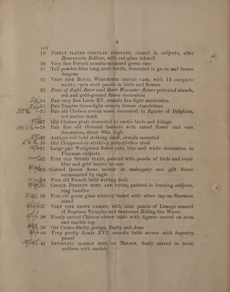 _ FINELY PLATED CIRCULAR INKSTAND, chased in subjects, after Benvenerto Belline, with cut-glass inkwell Very fine French ormolu-mounted green vase Tall powder-blue long neck bottle, decorated in green and brown dragons VERY FINE RoyaL WORCESTER CROCUS VASE, with 12 compart- ments, epen work panels in birds and flowers ae avroy, flight Barr and Barr Worcester flower pots and stands, red and gold-ground flower decoration Pair very fine Louis XV. ormolu five-light candelabra Pair Empire three-light ormolu bronze chandeliers Pair old Chelsea crocus vases decorated in figures of Dolphins, red anchor mark Old Chelsea plate decorated in exotic birds and foliage Pair fine old Oriental beakers with raised flower and vase decoration, about 30in. high Antique red buhl striking cloek, ormolu mounted Old Chippendule striking grandfather clock Large pair Wedgwood flower pots, blue and white decoration in Flaxman subjects FINE OLD SEVRES PLATE, painted with panels of birds and royal blue and gold border in case “Carved Queen Anne mirror’ in mahogany and gilt frame surmounted by eagle . Fine old French buhl writing desk CHOICE I)RESDEN BOWL AND COVER, painted in hunting subjects, stag handles Fine old green glass whiskey barrel with silver tap on Sheraton stand VERY FINE EBONY CASKET, with. nine panels of Limoge etn nill of Neptune Nympho and Seahorses Riding the Waves Finely carved Chinese ebony table with figures carved on stem and marble top ’ Old Crown-Derby groups, Darby and Joan Very pretty Louis XVI. ormolw table screen with tapestry anel Briel e T MARBLE BUST OF NELSON, finely carved in naval ; uniform with medals.