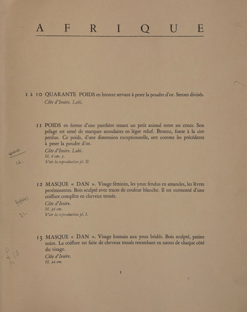 Céte d’ Ivoire. Lobi. II POIDS en forme d'une panthére tenant un petit animal entre ses crocs. Son pelage est semé de marques annulaires en léger relief. Bronze, fonte a la cire perdue. Ce poids, d’une dimension exceptionnelle, sert comme les précédents a peser la poudre d’or. we Céte da’ Ivoire. Lobi. ae H. 6 cm. 5. Lk * Voir la reproduction pl. II. 12 MASQUE « DAN ». Visage féminin, les yeux fendus en amandes, les lévres proéminentes. Bois sculpté avec traces de couleur blanche. Il est surmonté d’une coiffure complete en cheveux tressés. Cote @’ Ivoire. Hi, 36 cm. a. Voir la reproduction pl. I. 13, MASQUE « DAN ». Visage humain aux yeux bridés. Bois sculpté, patine noire. La coiffure est faite de cheveux tressés retombant en nattes de chaque cété bi du visage. Ae Céte d’ Ivoire. JEL DARE