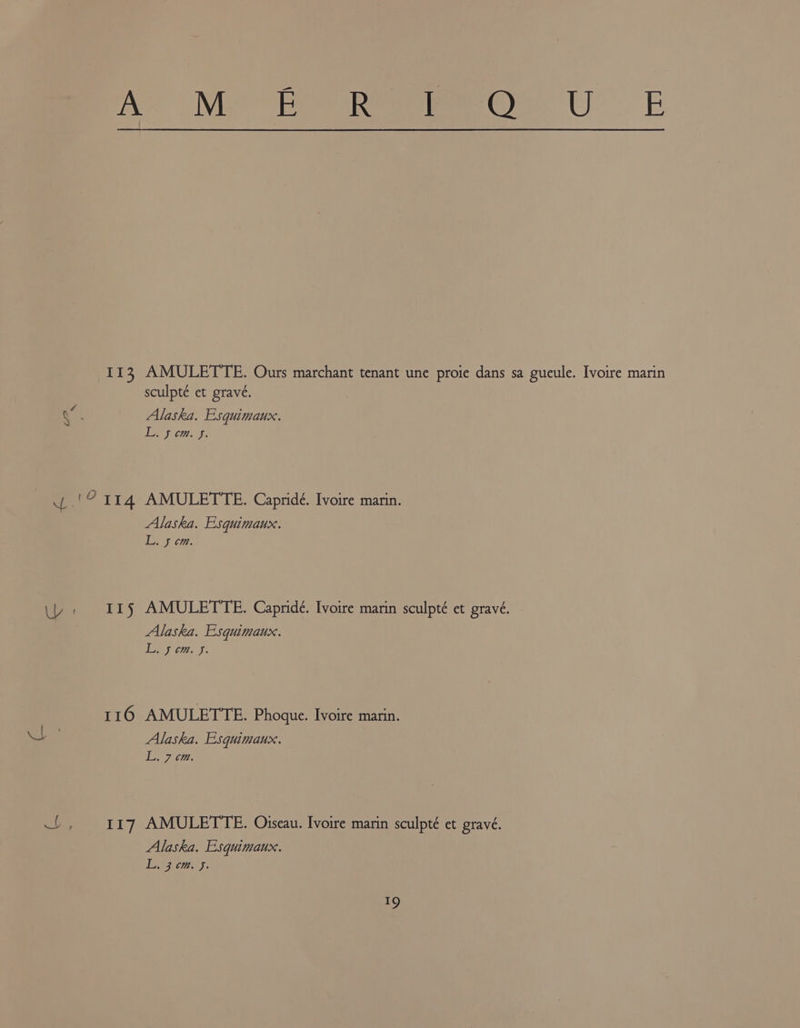 113 N mi 1t4 wee IT) 116 eee 117 sculpté et gravé. Alaska. Esquimaux. Loe fF cme f: AMULETTE. Capridé. Ivoire marin. Alaska. Esquimaux. Ren f CH, AMULETTE. Capridé. Ivoire marin sculpté et gravé. Alaska. Esquimaux. BS res AMULETTE. Phoque. Ivoire marin. Alaska. Esquimaux. | MS ATs 22 AMULETTE. Oiseau. Ivoire marin sculpté et gravé. Alaska. Esquimaux. Lec J: no