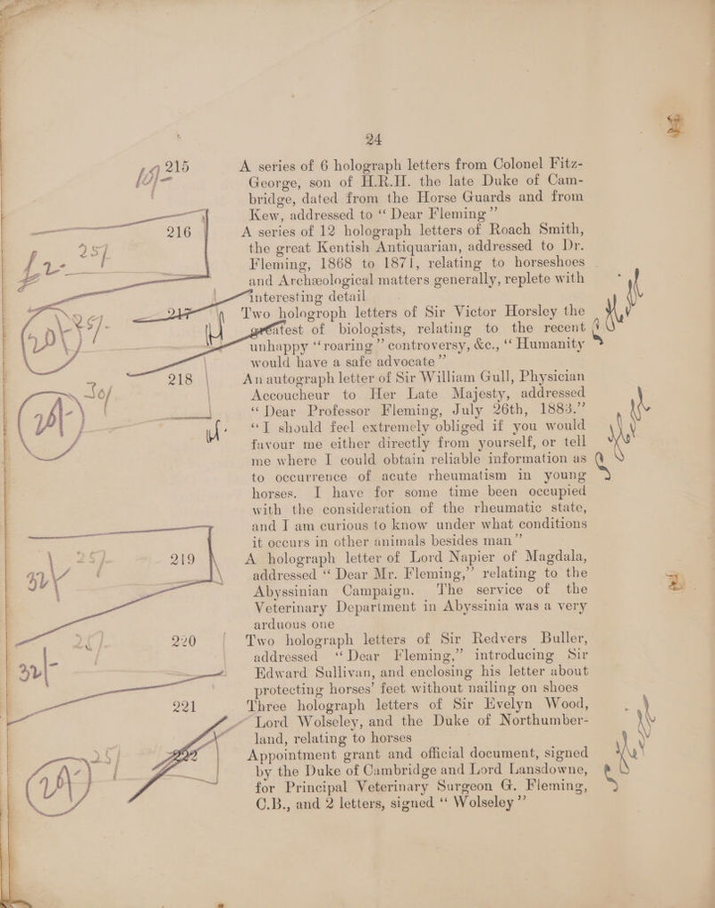 A series of 6 holograph letters from Colonel Fitz- George, son of H.R.H. the late Duke of Cam- bridge, dated from the Horse Guards and from Kew, addressed to “‘ Dear Fleming ”’ A series of 12 holograph letters of Roach Smith, the great Kentish Antiquarian, addressed to Dr. and Archeological matters generally, replete with Ee raat detail : | 4 Iwo hologroph letters of Sir Victor Horsley the J atest of biologists, relating to the recent . unhappy ‘“‘roaring ” controversy, &amp;c., “ Humanity would have a safe advocate ”’ An autograph letter of Sir William Gull, Physician Accoucheur to Her Late Majesty, addressed “Dear Professor Fleming, July 26th, 1883.” “T should feel extremely obliged if you would favour me either directly from yourself, or tell me where I could obtain reliable information as to occurrence of acute rheumatism In young horses. I have for some time been occupied with the consideration of the rheumatic state, and I am curious to know under what conditions it occurs in other animals besides man”’ A holograph letter of Lord Napier of Magdala, addressed ‘“‘ Dear Mr. Fleming,” relating to the Abyssinian Campaign. The service of the Veterinary Department in Abyssinia was a very arduous one Two holograph letters of Sir Redvers Buller, addressed ‘Dear Fleming,” introducing Sir Edward Sullivan, and enclosing his letter about protecting horses’ feet without nailing on shoes Three holograph letters of Sir Evelyn Wood, _~ Word Wolseley, and the Duke of Northumber- : land, relating to horses Appointment grant and official document, signed by the Duke of Cambridge and Lord Lansdowne, for Principal Veterinary Surgeon G. Fleming, C.B., and 2 letters, signed ‘“‘ Wolseley ”’ Me BD.