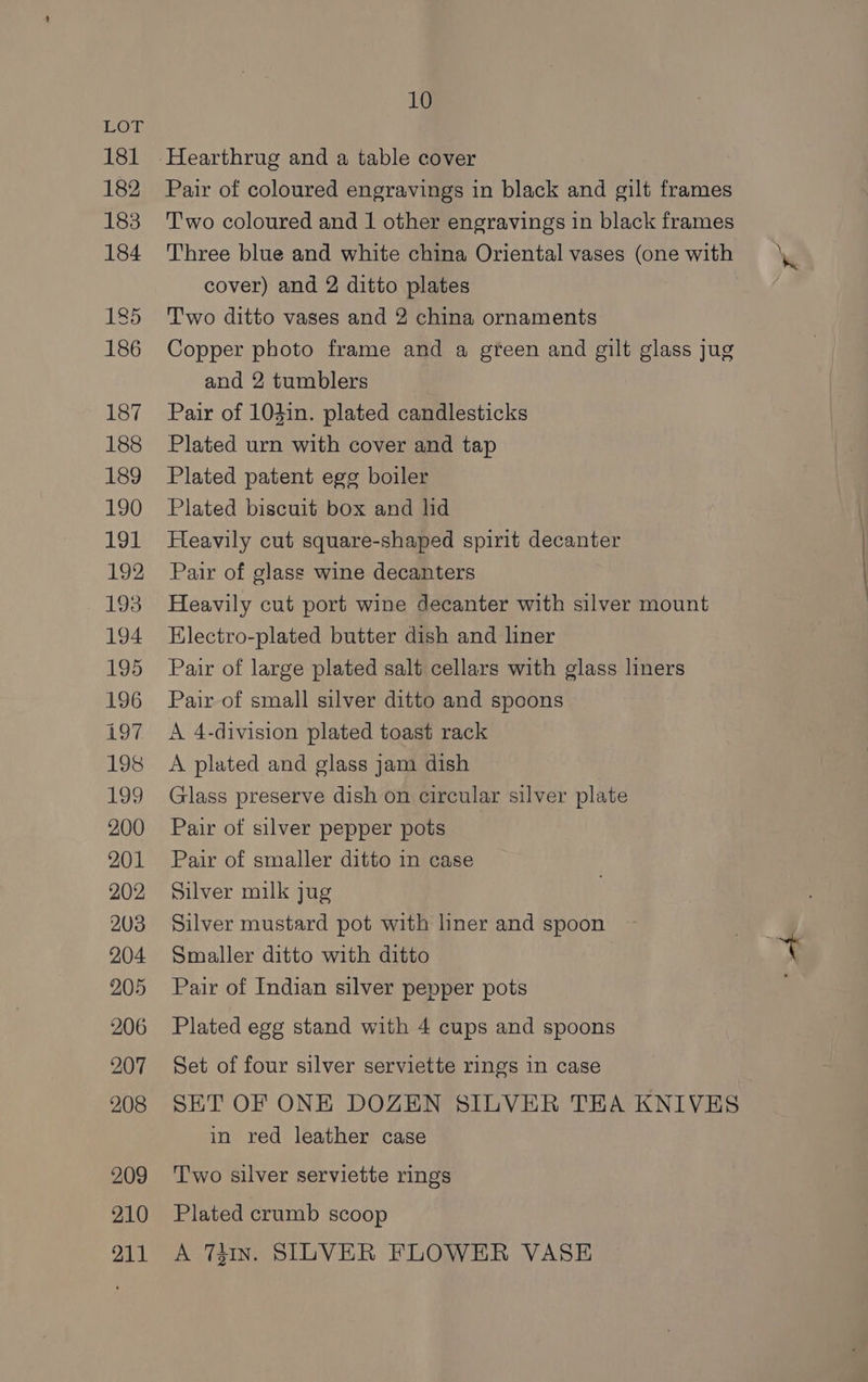 On 181 182 183 184 185 186 187 188 189 190 191 192 193 194 195 196 197 198 199 200 201 202 203 204 205 206 207 208 209 210 211 10 Pair of coloured engravings in black and gilt frames Two coloured and 1 other engravings in black frames Three blue and white china Oriental vases (one with cover) and 2 ditto plates Two ditto vases and 2 china ornaments Copper photo frame and a green and gilt glass jug and 2 tumblers Pair of 104in. plated candlesticks Plated urn with cover and tap Plated patent ege boiler Plated biscuit box and lid Heavily cut square-shaped spirit decanter Pair of glass wine decanters Heavily cut port wine decanter with silver mount Electro-plated butter dish and liner Pair of large plated salt cellars with glass liners Pair of small silver ditto and spoons A 4-division plated toast rack A plated and glass jam dish Glass preserve dish on circular silver plate Pair of silver pepper pots Pair of smaller ditto in case Silver milk jug Silver mustard pot with liner and spoon Smaller ditto with ditto Pair of Indian silver pepper pots Plated egg stand with 4 cups and spoons Set of four silver serviette rings in case SET OF ONE DOZEN SILVER TEA KNIVES in red leather case T'wo silver serviette rings Plated crumb scoop A 731n. SILVER FLOWER VASE