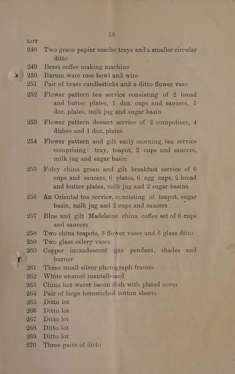 248 249 250 251 252 253 254 255 13 Two green papier mache trays anda smaller circular ditto Brass coffee making machine Barum ware rose bowl and wire Pair of brass candlesticks and a ditto flower vase Flower pattern tea service consisting of 2 bread and butter plates, 1 doz. cups and saucers, 1 doz. plates, milk jug and sugar basin Flower pattern dessert service of 2 compotiers, 4 dishes and 1 doz. plates Flower pattern and gilt early morning tea service comprising: tray, teapot, 2 cups and saucers, milk jug and sugar basin Foley china green and gilt breakfast service of 6 cups and saucers, 6 plates, 6 egg cups, 2 bread and butter plates, milk jug and 2 sugar basins An Oriental tea service, consisting of teapot, sugar basin, milk jug and 2 cups and saucers Blue and gilt Madeleine china coffee set of 6 cups and saucers Two china teapots, 3 flower vases and 6 glass ditto Two glass celery vases Copper incandescent gas pendant, shades and burner Three small silver photograph frames White enamel! mantelboard China hot water bacon dish with plated cover Pair of large hemstiched cotton sheets Ditto lot Ditto lot Ditto lot Ditto lot Ditto lot Three pairs of ditto