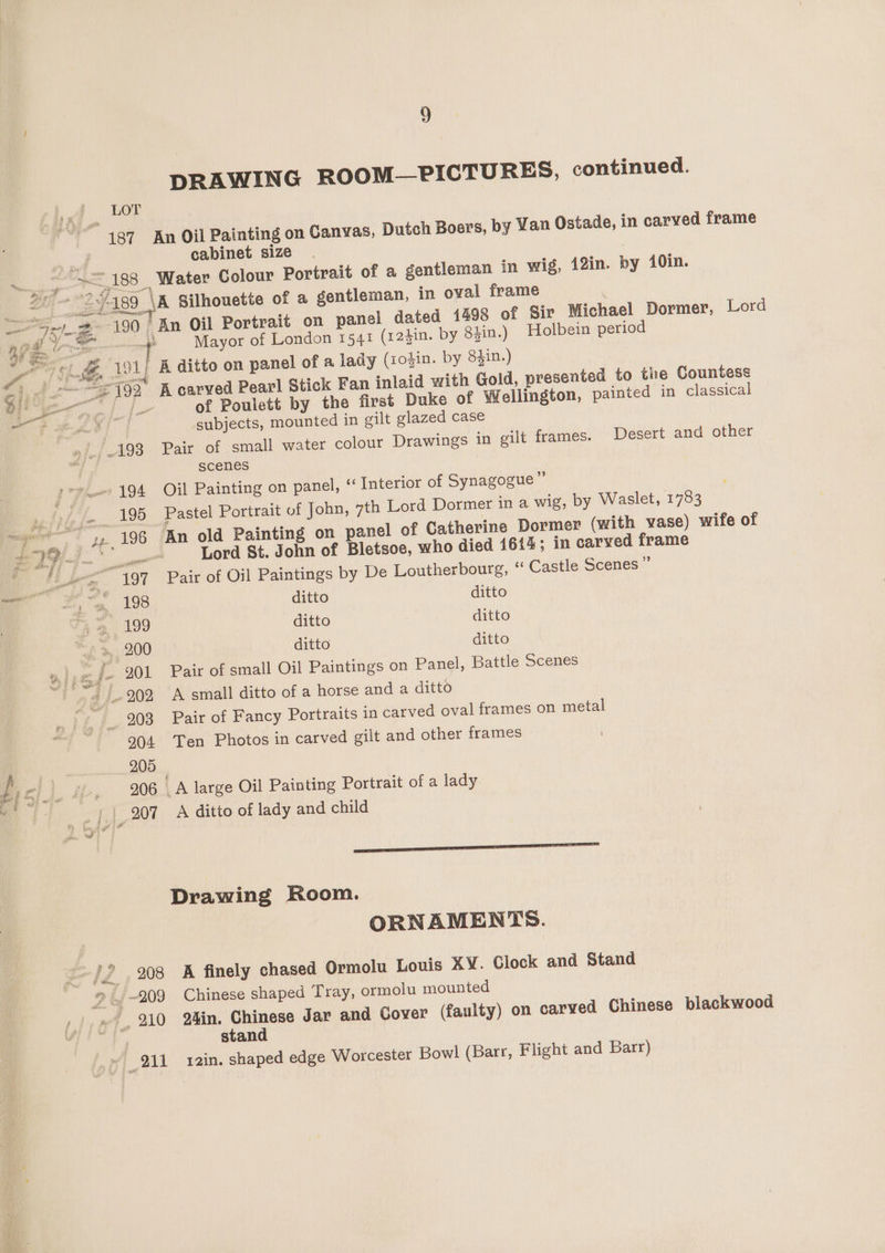DRAWING ROOM— PICTURES, continued. LOT 187 An Oil Painting on Canvas, Dutch Boers, by Wan Ostade, in carved frame a cabinet size heats, ae Se Water Colour Portrait of a gentleman in wig, 12in. by 10in. a 189 \A Silhouette of a gentleman, in oval frame ——S-_2- 190 | An Oil Portrait on panel dated 1498 of Sir Michael Dormer, Lord Ry a a + Mayor of London 1541 (r24in. by 8gin.) Holbein period o a3 é wor! A ditto on panel of a lady (1o3in. by 83in.) - pee ND? A carved Pearl Stick Fan inlaid with Gold, presented to tie Countess PS ae Pe of Poulett by the first Duke of Wellington, painted in classical 4 a subjects, mounted in gilt glazed case 193 Pair of small water colour Drawings in gilt frames. Desert and other scenes »~*. 194 Oil Painting on panel, “ Interior of Synagogue” be . | ee 3, Pastel Portrait of John, 7th Lord Dormer in a wig, by Waslet, 1783 ~~, 196 An old Painting on panel of Catherine Dormer (with vase) wife of # vy) + ne Lord St. John of Bletsoe, who died 1644; in carved frame a fiery. 197 Pair of Oil Paintings by De Loutherbourg, “ Castle Scenes ” ma 6) Z, “198 ditto ditto rh | 199 ditto ditto “fd, 200 ditto ditto wipe j- 201 Pair of small Oil Paintings on Panel, Battle Scenes ~ | 902 A small ditto of a horse and a ditto _ 203 ~Pair of Fancy Portraits in carved oval frames on metal 904 Ten Photos in carved gilt and other frames | 205 ici) i. 206.\A large Oil Painting Portrait of a lady wi.) 207 A ditto of lady and child eae EE Drawing Room. ORNAMENTS. /? 208 A finely chased Ormolu Louis XV. Clock and Stand » 909 Chinese shaped Tray, ormolu mounted e A { 210 24in. cane Jar and Cover (faulty) on carved Chinese blackwood , stan ~ 911 rain. shaped edge Worcester Bowl (Barr, Flight and Barr)
