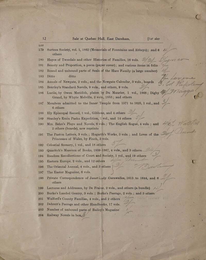 LOT 179 Surtees Society, vol. 1, 1862 (Memorials of Fountains and Abbeys); and6 Aé others . | 180 Hayes of Tweedale and other Histories of Families, 16 vols. —< Of A Sboe77 181 Beauty and Proportion, a poem (paper cover); and various items in folio “ 182 Bound and unbound parts of Seals of the Hare Family (a large number) 183 Ditto ditto | Y 184 Annals of Newgate, 2 vols., and the Newgate Calendar, 3 vols., boards Sa fat GD 185 Bentley’s Standard. Novels, 9 vols., and others, 9 vols. Lp 186 Lucile, by Owen Meridith, plates by Du Maurier, 1 vol., 1868 ; Digby , Grand, by Whyte Melville, 2 vols., 1853; and others / 187 Members admitted to the Inner Temple from 1571 to 1625, 1-vol.,and ~—7— 6 others A 188 Ely Episcopal Record, | vol., Gibbons, and 4 others Z 189 Stanley’s Emin Pasha Expedition, 1 vol., and 14 others © -— 190 Mrs. Behn’s Plays and Novels, 6 vols.; The English Rogue, 4 vols. ; and Ae ne 2 others (boards), new reprints Sis eee 191 The Paston Letters, 3 vols.; Hogarth’s Works, 3 vols.; and Lives of the “* F Princesses of Wales, by Finch, 3 vols. ‘ 192. Celestial Scenery, 1 vol., and 18 others 193 Quaritch’s Museum of Books, 1859-1867, 4 vols., and 3 others 194 Random Recollections of Court and Society, 1 vol., and 19 ae = 195 Eastern Europe, 2 vols., and 12 others Sue 196 The Oriental Annual, 4 vols., and 3 others } ~~ | heat, tt ——— 197 The Haster Magazine, 6 vols. 3 : 198 Private Correspondence of Jane*issdy Cornwalles, 1613 to 1644, and 6 —< others 199 Lectures and Addresses, by De Fraine, 2 vols., and others (a bundle) 200 Burke’s Landed Gentry, 3 vols. ; Burke’s Peerage, 2 vols. ; and 3 others 201 Walford’s County Families, 4 vols., and 2 others — Bie — 202 Debrett’s Peerage and other Handbooks, 17 vols. gee 203. Number of unbound parts of Bailey's Magazine’ 204 Fs 4) Railway Novels in box” —_—,