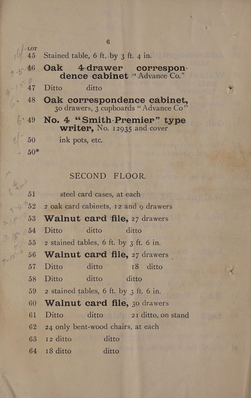 45 46 47 48 * 49 50 50* 51 52 53 54. 55 56 57 58 59 60 61 62 63 64 6 Stained table, 6 ft..by 3 ft. 4 in. Oak 4drawer correspon- dence cabinet “ Advance Co.” Ditto ditto * Oak correspondence cabinet, 30 drawers, 3 cupboards ‘“‘ Advance Co”’ No. 4 “Smith-Premier” type writer, No. 12935 and cover ink pots, ete. SHLCOND FPEUGOR steel card cases, at each 2 oak card cabinets, 12 and 9 drawers Walnut ecard file, 27 drawers Ditto ditto ditto 2 stained tables, 6 ft. by 3 ft. 6 in. Walnut card file, 27 drawers — Ditto ditto 18 ditto Y Ditto ditto ditto 2 stained tables, 6 ft. by 3 ft. 6 in. Walnut ecard file, 30 drawers Ditto ditto 21 ditto, on stand 24 only bent-wood chairs, at each 12 ditto ditto 18 ditto ditto