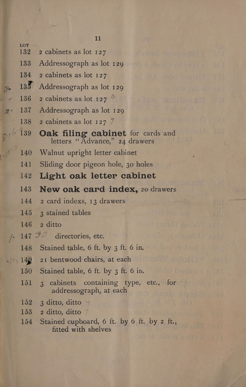 2 cabinets as lot 127 Addressograph as lot 129 2 cabinets as lot 127 Addressograph as lot 129 2 cabinets as lot 127 © Addressograph as lot 129 2 cabinets as lot 127 7 Oak filing cabinet for cards and letters ‘“‘ Advance,” 24 drawers Walnut upright letter cabinet Sliding door pigeon hole, 30 holes Light oak letter cabinet New oak card index, 20 drawers 2 card indexs, 13 drawers P stained tables 2 ditto ‘directories, etc. Stained table, 6 ft. by 3 ft. 6 in. 21 bentwood chairs, at each Stained table, 6 ft. by 3 ft. 6 in. 3 cabinets containing type, etc, for addressograph, at each 3 ditto, ditto 2 ditto, ditto — Stained cupboard, 6 ft. by 6 ft. by 2 ft., fitted with shelves