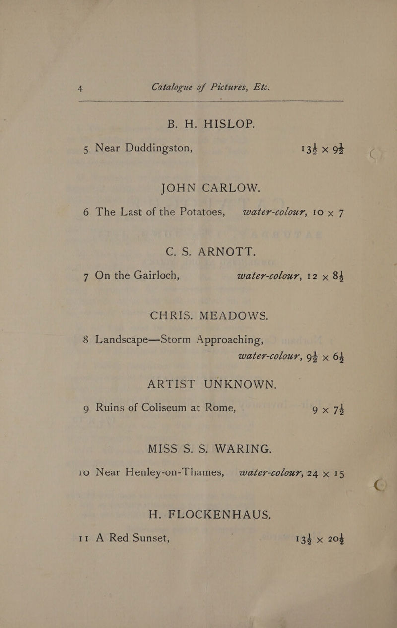 By iH wat oOP. 5 Near Duddingston, 134 x OF JOHN CARLOW. 6 The Last of the Potatoes, water-colour, 10 x 7 Crs. BRNO. 7 On the Gairloch, water-colour, 12 x 84 CHRIS. MEADOWS. 8 Landscape—Storm Approaching, water-colour, 9&amp; x 64 ARTIST UNKNOWN. 9 Ruins of Coliseum at Rome, 9x 74 MISS S. S. WARING. 10 Near Henley-on-Thames, water-colour,24 x 15 H. FLOCKENHAUS. 11 A Red Sunset, ; 134 x 20