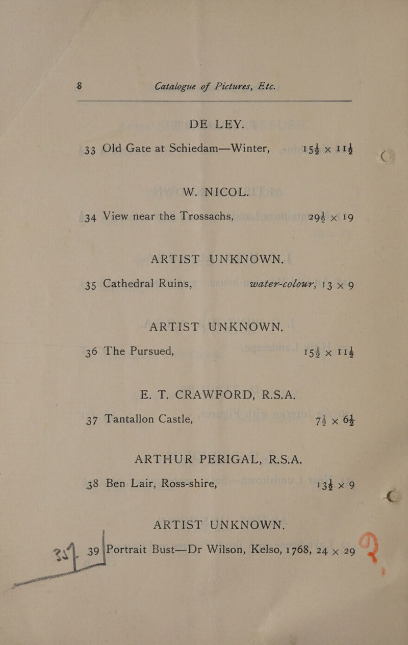 DEVWLEY. 33 Old Gate at Schiedam—Winter, 154 x 114 W.ANICOL: 34 View near the Trossachs, 294 x 19 ARTIST UNKNOWN. 35 Cathedral Ruins, water-colour, 13 x 9 ARTIST UNKNOWN. 36 The Pursued, 154 x 11d E, T. CRAWFORD, R.S.A. 37 Tantallon Castle, 74 x 64 ARTHUR PERIGAL, R.S.A. 38 Ben Lair, Ross-shire, 134 x 9 ARTIST UNKNOWN. eit ie aaa