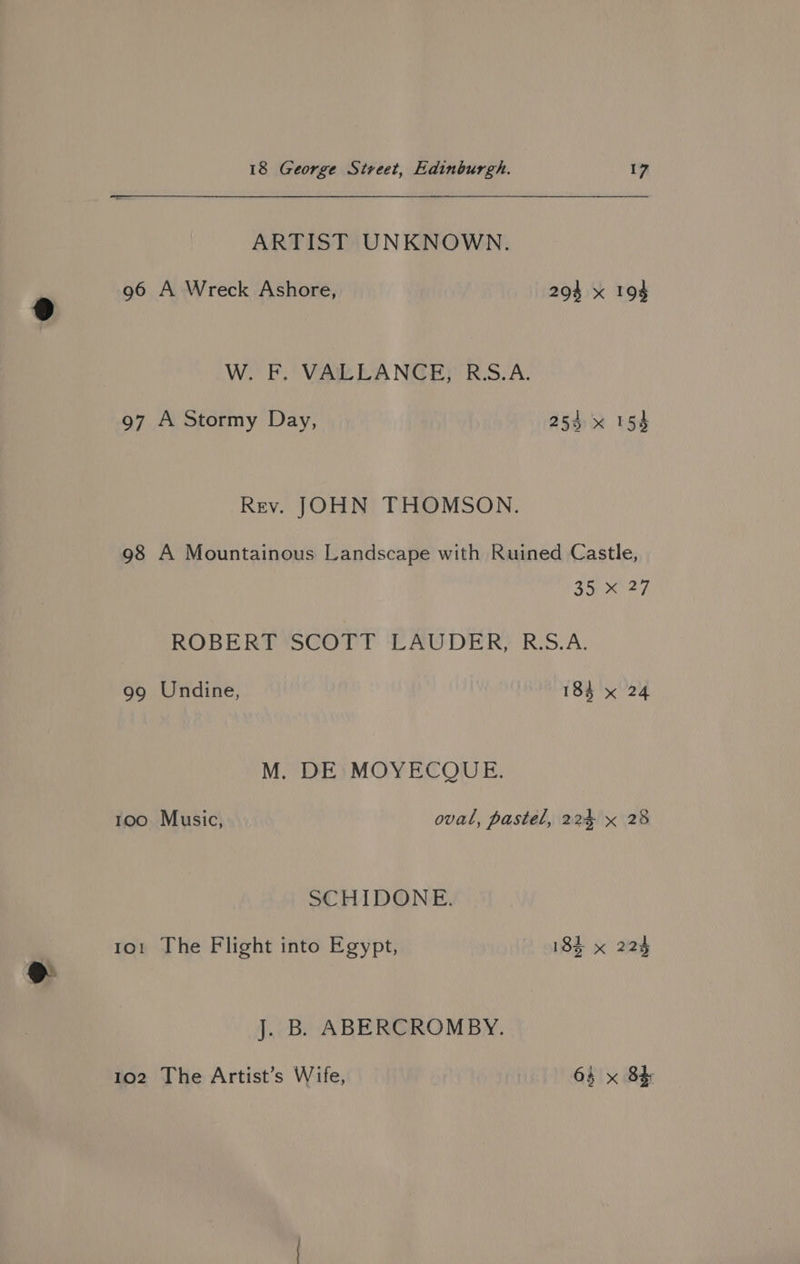 ARTIST UNKNOWN. 96 A Wreck Ashore, 294 x 194 W. BF.’ VAIL LANGE) RS.A. 97 A Stormy Day, 253 x 154 Rey. JOHN THOMSON. 98 A Mountainous Landscape with Ruined Castle, Re pati ROBERT SCOTT TAUDER;? R:S.A, 99 Undine, 184 x 24 M. DE MOYECOUE. roo Music, oval, pastel, 224 x 28 SCHIDONE. tor The Flight into Egypt, 185 x 224 o J. B. ABERCROMBY. 102 The Artist’s Wife, 64 x 8d