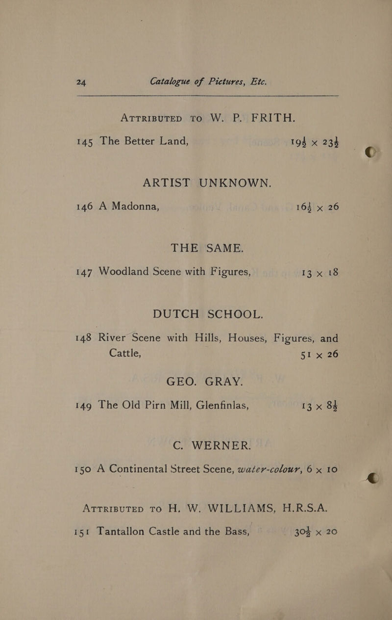 ATTRIBUTED To W. P. FRITH. 145 The Better Land, 194 x 234 ARTIST UNKNOWN. 146 A Madonna, 164 x 26 THE SAME. 147 Woodland Scene with Figures, 13 x 18 DUTCH SCHOOL, 148 River Scene with Hills, Houses, Figures, and Cattle, 51 x 26 GEO. GRAY. 149 The Old Pirn Mill, Glenfinlas, 13 x 84 C. WERNER. I50 A Continental Street Scene, water-colour, 6 x 10 ATTRIBUTED To H, W. WILLIAMS, H.R.S.A. 151 Tantallon Castle and the Bass, 30% x 20