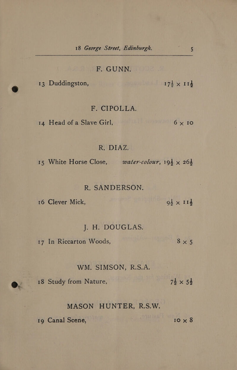 F, GUNN. 13 Duddingston, 174 x 114 F. CIPOLLA. 14 Head of a Slave Girl, 6 x 10 R. DIAZ. 15 White Horse Close, water-colour, 194 x 264 R. SANDERSON. 16 Clever Mick, 94 x 114 Feiner DO UGE AS, 17 In Riccarton Woods, 8x5 WM. SIMSON, R.S.A. 18 Study from Nature, 74x 54 MASON HUNTER, R.S.W. 19 Canal Scene, 10 x 8