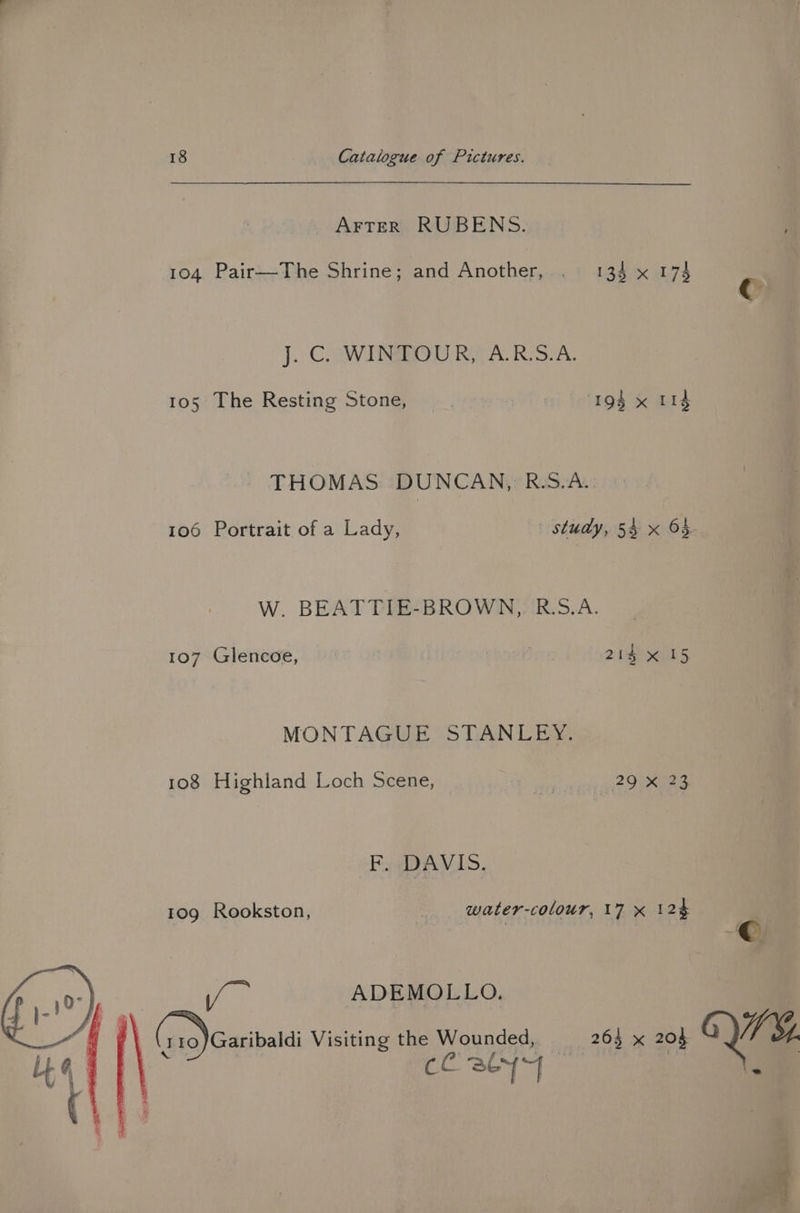 AFTER RUBENS. 104 Pairs-The Shrine; and Another,.. 134 x 174 J. C. WINTOUR, A.R.S.A. 105 The Resting Stone, | WE ‘194 x 114 THOMAS DUNCAN, R.S.A.: 106 Portrait of a Lady, study, 54 x 64. W. BEATTIE-BROWN, R.S.A. 107-Glenece,, | 214 x 15 MONTAGUE STANLEY. 108 Highland Loch Scene, delice ae F. DAVIS. 109 Rookston, water-colour, 17 x 124 © 1/ ADEMOLLO. (1 10 ) Garibaldi Visiting the Wounded, 263 x 20 Ge