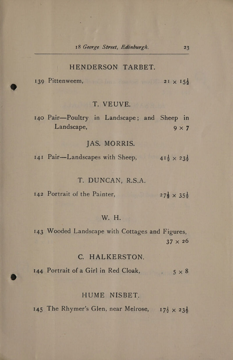 HENDERSON TARBET. 139 Pittenweem, 21 x 154 T. VEUVE. 140 Pair—Poultry in Landscape; and Sheep in Landscape, 9x7 JAS. MORRIS. 141 Pair—Landscapes with Sheep, 414 x 234 TT. DUNGAN RSA: 142 Portrait of the Painter, 274 x 354 W. H. 143 Wooded Landscape with Cottages and Figures, 37°20 C. HALKERSTON. 144 Portrait of a Girl in Red Cloak, gb ves eS HUME NISBET. 145 The Rhymer’s Glen, near Melrose, 174 x 234