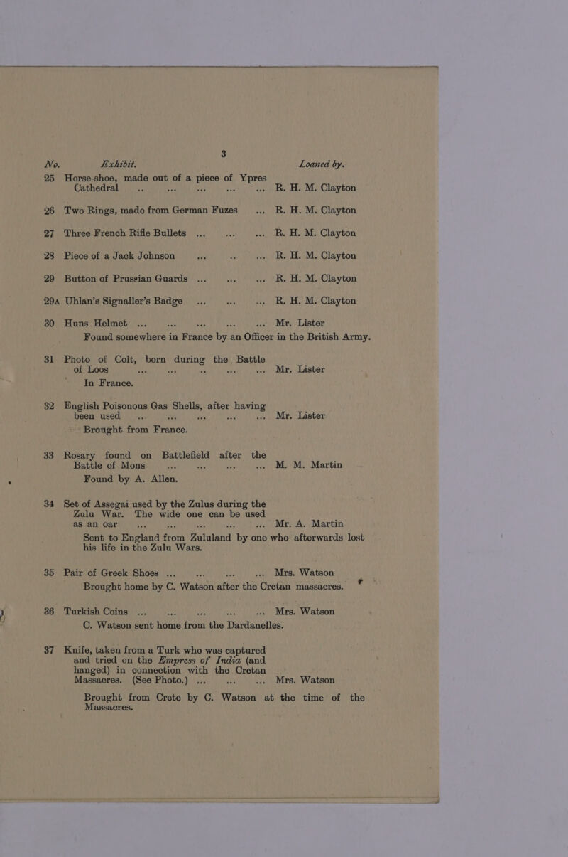 No. Exhibit. Loaned by. 25 Horse-shoe, made out of a seit of Ypres Cathedral... ia oc .. BR. H. M. Clayton 26 Two Rings, made from German Fuzes .. BR. H. M. Clayton 27 Three French Rifle Bullets... ve .. BR. H. M. Clayton 28 Piece of a Jack Johnson oe ta .. R. H. M. Clayton 29 Button of Prussian Guards ... es .. BR, H. M. Clayton 29a Uhlan’s Signaller’s Badge... is .. R. H. M. Clayton 30 Huns Helmet ... ne Mr. Lister Found somewhere in rabies be an Officer i in the British Army. 31 Photo of Colt, born Dene the Battle of Loos ms .. Mr. Lister In France. 32 33 34 35 36 English Poisonous Gas Stir after ane been used... ... Mr. Lister Brought from i ranos Rosary found on Battlefield after the Battle of Mons oe .. M. M. Martin Found by A. Allen. Set of Assegai used by the Zulus during the Zulu War. The wide one can be used as an oar fe : ... Mr. A. Martin Sent to England men Zululand by one who afterwards lost his life in the Zulu Wars. Pair of Greek Shoes ... Pe ... Mrs. Watson Brought home by C. Watson afi the Cretan massacres. Turkish Coins ... i tN ... Mrs. Watson C. Watson sent AL aah the Dardanelles. Knife, taken from a Turk who was captured and tried on the Hmpress of India (and hanged) in connection with the Cretan Massacres. (See Photo.) ... fs ... Mrs. Watson Brought from Crete by C. Watson at the time of the Massacres.