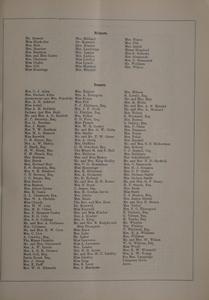 Miss Blackaller Mrs. Bott Mrs. Boucher Mrs. Braddon Mrs. and Miss Carter Mrs. Chaloner Miss Crafer Mrs. Gill Miss Hennings Mrs. C. J. Allen Mrs. Herbert Allen Anonymous (per Mrs. Fenwick) Mrs. A. H. Ashford Miss Axtell Miss A. M. Baldwin Balham (per Mrs. Bott) Mr. and Mrs. A. G. Bartlett H. P. Barzeley, Esq. Mrs. G. Bayman Mrs. J. Beare Mrs. T. W. Beetham Mrs. M. L. Bernard Miss Berwick C. H. Biscoe, Esq. Mrs. A. W. Bishop H. Black, Esq. H. W. Black, Esq. F. M. Bleach, Esq. Mrs. Bonham Mrs. Burch Mrs. Herbert Bott. E. 8. Bransden, Esq. Mrs. 8S. H. Bristowe C. N. Browne, Esq. C. C. Burge, Esq. Miss Butler Miss Buxton Mrs, Albert Carter Mrs. E. Castle G. L. Chambers, Esq. Mrs. W. A. Christie Miss Church Mrs, W. W. Clay Mrs. H. R. Clitter Mrs. F. Bremner Coates Mrs. E. G. Cole Mrs. 8. O. Collings Mr. and Mrs. A. Collinson Mrs. Collinson Mr. and Mrs. E. W. Cove Mrs. C. Cow A. Crawley, Esq. The Misses Crombie Mr. and Mrs. Culverwell Mrs. A. W. Dando : Mrs. A. E. K. Dawson Mark Dell, Esq. Emile Doust, Esq. Mrs. J. Dring Mrs. E. Duff Mrs. W. G. Edwards Helpers. Dr. Kerswill Mrs. Kimber Mrs. Landridge Mrs. Leader Mrs. Lickley Miss Lindley Miss Lynch Miss Marshall Mrs. Mitchell Donors. Mrs. Edglaw Mrs. A. Errington Miss Evans Miss Fell F. J. Finlinson, Esq. Mrs. J. F. Firth G. Fletcher, Esq. Mrs. Folkes R. D. Ford, Esq. Miss French Mrs. W. R. Gentry Mr. and Mrs. G. W. Gibbs Mrs. Grafer Mr. and Mr. T. W. Green Mrs. A. Greig Mrs. Griffiths G. H. Gwyther, Esq The Misses M. and 8. Hall Mrs. Halleton Mrs. and Miss Hawes Mr. and Mrs. King Hedley Mrs. ©. G. Hemmings Miss Hemmings Mrs. E. Hitchenor Mrs. A. Holdaway Mr. H. Holland Mr. and Mrs. E. R. Horne Mrs. F. Hunt C. James, Esq. Mrs. H. Gordon Jarvis Mrs. Johlin Mrs. Keats The Rey. and Mrs. Kent Dr. Kerswill Miss Kerswill Mrs. and Miss Kimber Mrs. J. Kimber Mrs. J. King Mr. and Mrs. E. Knight and Miss Thompson Miss Knox Mrs. Lake Mr. Laker Miss Lawrence Miss A. Lawrence Mrs. Leader Mrs C. H. Lewis Mr. and Mrs. H. T. Lindley Miss Lindley Miss Ling Mrs. 8. Loew Mrs. J. Matthews Mrs. Peters Mrs. Pitt Mrs. Quick Misses Rinpdorf Miss 8. Rottowe Mrs. Simmonds Mrs. C. Simmonds Mr. Wellham Mrs. Wilcox Mrs. Milsom E. Lovely, Esq. Mr. and Mrs. May Mrs. R. Millar Mr. and Mrs. A. H. Minnitt Mr. and Mrs, A. Morland Mrs. Nelson KE, Normand, Esq. Mrs. Norton S. Oakley, Esq. Mrs. P. Oates Mrs. Passmore Mrs. Payne Mrs. Petrie Mrs. Randall Mr, and Mrs. C. S. Richardson Mrs. Roberts C. J. Russel, [’sq. Mrs. Salisbury Mrs. Schildknicht Mr. and Mrs. N. D. Sheffield Mrs. ©. Simmonds Mrs. H. J. Simpson Mrs. C. F. Slater Mrs. Dickson Smith Mrs. Sydney Smith Mr, and Mrs. G. F. Snary H. T. Starck, Esq. Mrs. Stark Miss Stark K. J. Steptoe, Esq. Mrs. James Stirrat Mr. and Mrs. E. Stones Mrs. Talbot Mrs. F. C. Thorogood K. Tryhorn, Esq. G. Turner, Esq. H. Vaudy, Esq. Mr. Wheeler Mrs. Whitley T. Whitwell, Esq. Mrs. E. A. Williams Mrs. Willman Mr. and Mrs. W. Wilson W.G. Withers, Esq. Miss Woolf Mrs. E. W. Wormald Mrs. A. W. Young Per Mrs. Langridge Unknown Giver Anon,