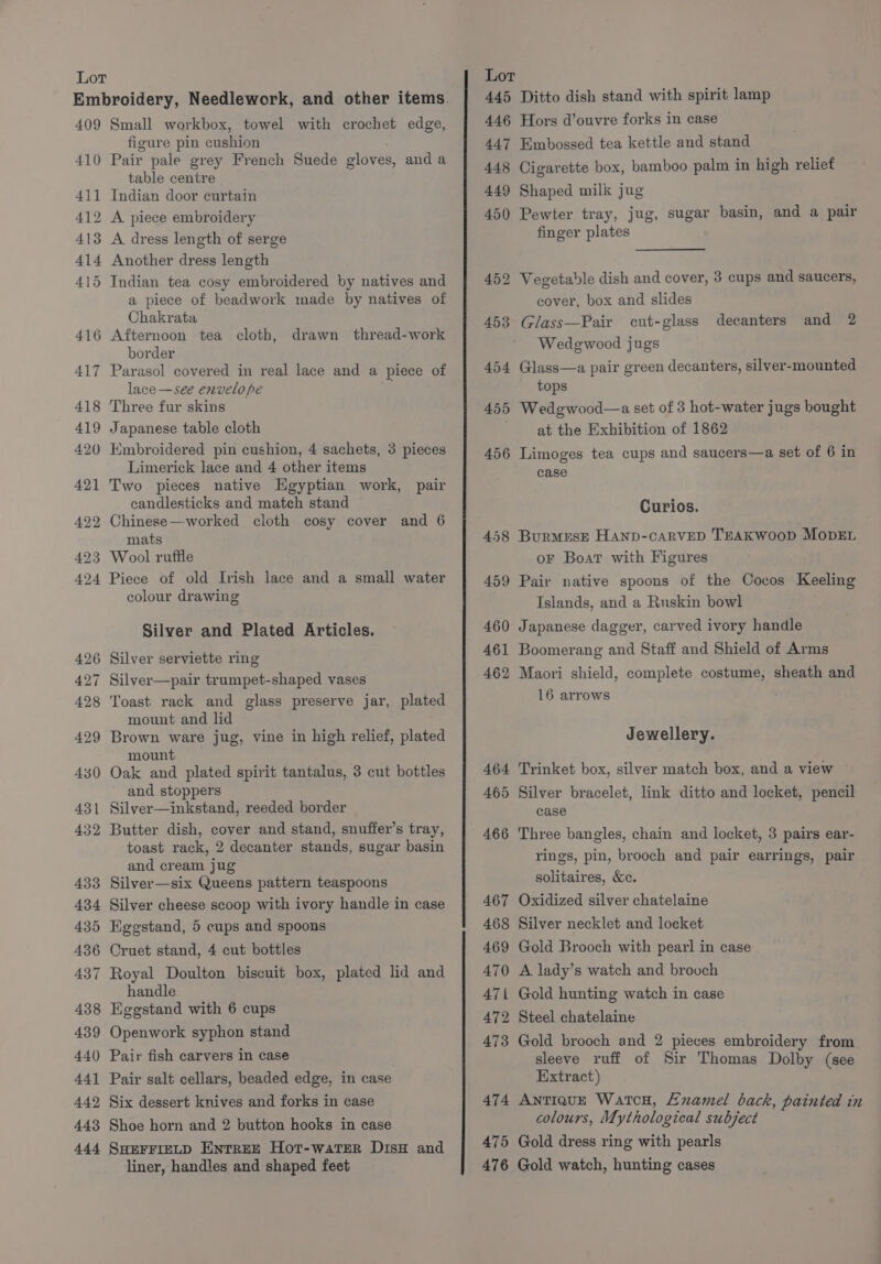 Lot 409 Small workbox, towel with crochet edge, figure pin cushion 410 Pair pale grey French Suede gloves, and a table centre 411 Indian door curtain 412 A piece embroidery 413 A dress length of serge 414 Another dress length 415 Indian tea cosy embroidered by natives and a piece of beadwork made by natives of Chakrata 416 Afternoon tea cloth, drawn thread-work border 417 Parasol covered in real lace and a piece of lace-—see envelope 418 Three fur skins 419 Japanese table cloth 420 Embroidered pin cushion, 4 sachets, 3 pieces Limerick lace and 4 other items 421 Two pieces native Egyptian work, pair candlesticks and mateh stand 422 Chinese—worked cloth cosy cover and 6 mats 423 Wool ruffle 424 Piece of old Irish lace and a small water colour drawing Silver and Plated Articles. 426 Silver serviette ring 427 Silver—pair trumpet-shaped vases 428 Toast rack and glass preserve jar, plated mount and lid 429 Brown ware jug, vine in high relief, plated mount 430 Oak and plated spirit tantalus, 3 cut bottles and stoppers 431 Silver—inkstand, reeded border 432 Butter dish, cover and stand, snuffer’s tray, toast rack, 2 decanter stands, sugar basin and cream jug 433 Silver—six Queens pattern teaspoons 434 Silver cheese scoop with ivory handle in case 435 Eggstand, 5 cups and spoons 436 Cruet stand, 4 cut bottles 437 Royal Doulton biscuit box, plated lid and handle 438 Egegstand with 6 cups 439 Openwork syphon stand 44() Pair fish carvers in case 441 Pair salt cellars, beaded edge, in case 442 Six dessert knives and forks in case 443 Shoe horn and 2 button hooks in case 444 SHEFFIELD ENTREE Hot-watTeR DisH and liner, handles and shaped feet 475 476 Ditto dish stand with spirit lamp Hors d’ouvre forks in case Embossed tea kettle and stand Cigarette box, bamboo palm in high reliet Shaped milk jug Pewter tray, jug, sugar basin, and a pair finger plates Vegetable dish and cover, 3 cups and saucers, cover, box and slides Glass—Pair cut-glass decanters and 2 Wedgewood jugs Glass—a pair green decanters, silver-mounted tops Wedgwood—a set of 3 hot-water jugs bought at the Exhibition of 1862 Limoges tea cups and saucers—a set of 6 in case Curios. BurMESE HAaNnD-CARVED TEAKWOOD MODEL oF Boat with Figures Pair native spoons of the Cocos Keeling Islands, and a Ruskin bowl Japanese dagger, carved ivory handle Boomerang and Staff and Shield of Arms Maori shield, complete costume, sheath and 16 arrows Jewellery. Trinket box, silver match box, and a view case Three bangles, chain and locket, 3 pairs ear- rings, pin, brooch and pair earrings, pair solitaires, &amp;c. Oxidized silver chatelaine Silver necklet and locket Gold Brooch with pearl in case A lady’s watch and brooch Gold hunting watch in case Steel chatelaine Gold brooch and 2 pieces embroidery from sleeve ruff of Sir Thomas Dolby (see Extract) AntiquE Watcu, Enamel back, painted in colours, Mythological subject Gold dress ring with pearls Gold watch, hunting cases