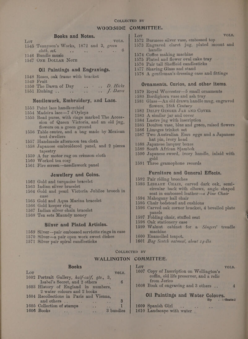 Lot VOLS. 1545 Tennyson’s Works, 1872 and 3, green cloth, oct. ay me oe ae 1546 Bundle music 1547 OnE DoLtuaR Notre Oil Paintings and Engravings. 1548 Roses, oak frame with bracket 1549 Fruit 1550 The Dawn of reek zs 1551 Etching . if D. Hicks J. Davis Needlework, Embroidery, and Lace. 1553 Point lace handkerchief 1554 Madeira lace—7 d’Oyleys 1555 Bead purse, with rings marked The Acces- sion of Queen Victoria, and an old jug, flowers on a green ground 1556 Table centre, and a bag made by Mexican tent dwellers 1557 Handmade afternoon tea cloth 1558 Japanese embroidered panel, and 2 pieces tapestry 1559 A fur motor rug on crimson cloth 1560 Worked tea cosy 1561 Fire screen-—needlework panel Jewellery and Coins. 1562 Gold and turquoise bracelet 1563 Indian silver bracelet 1564 Gold and pearl Victoria Jubilee brooch in case 1565 Gold and Aqua Marina bracelet 1566 Gold keeper ring 1567 Indian silver chain bracelet 1568 Ten sets Maundy money Silver and Plated Articles. 1569 Silver—pair embossed serviette rings in case 1570 Silver—a pair open work sweet dishes 1571 Silver pair spiral candlesticks 1572 Burmese silver vase, embossed top 1573 Engraved claret jug, plated mount and handle 1574 Coffee making machine 1575 Fluted and flower oval cake tray 1576 Pair tall Sheffield candlesticks 1577 Shaving Glass and stand 1578 A oentleman’ s dressing case and fittings Ornaments, Curios, and other items. 1579 Royal Worcester—5 small ornaments 1580 Bordighora vase and ash tray 1581 Glass—An old drawn handle mug, engraved flowers, 18th Century 1582 Derr GINGER JAR AND COVER 1583 A similar jar and cover 1584 Lustre jug with inscription 1585 Doulton vase, blue and green, raised flowers 1586 Limoges trinket set 1587 Two Australian Emu eggs and a Japanese hat pin, ivory head 1588 Japanese lacquer boxes 1589 South African Sjambok 1590 Japanese sword, ivory handle, inlaid ith gold 1591 Three gramophone records Furniture and General Effects. 1592 Pair riding breeches 1593 Liprary CHArR, carved dark oak, semi- circular back with elbows, angle shaped seat in embossed leather—a Fine Chair 1594 Mahogany hall chair 1595 Chair bedstead and cushions 1596 Carved oak corner bracket, 4 bevelled plate panels 1597 Folding chair, stuffed seat 1598 Oak stationery case Books Lor VOLS. 1602 Portrait Gallery, half-calf, qto., 3, Tsahel’s Secret, and 2 others 1603 History of England in numbers, 2 water colours and 2 books 1604 Recollections in Paris and Vienna, and others .. ie ae re 3 1605 Collection of stamps om te 1606 Books : 3 bundles 1599 Walnut cabinet for a Singers’ treadle machine 1600 Enamelled teapot. 1601 Bag Scotch oatmeal, about r4-lbs. Lor VOLS. 1607 Copy of Inscription on Wellington’s coffin, old life preserver, and a relic from Jerico 1608 Book of engraving and 3 others .. 4 Oil Paintings and Water Colours. By i. tributed 1609 Spanish Girl... at 1610 Landscape with water , i i ee