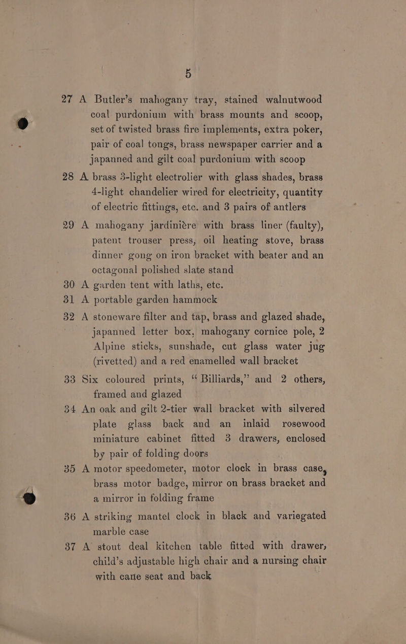 27 29 30 31 33 a4 35 37 5 A Butler’s mahogany tray, stained walnutwood coal purdonium with brass mounts and scoop, set of twisted brass fire implements, extra poker, pair of coal tongs, brass newspaper carrier and a japanned and gilt coal purdonium with scoop A brass 3-light electrolier with glass shades, brass 4-light chandelier wired for electricity, quantity of electric fittings, etc. and 3 pairs of antlers A mahogany jardiniére with brass liner (faulty), patent trouser press, oil heating stove, brass dinner gong on iron bracket with beater and an octagonal polished slate stand A garden tent with laths, etc. A portable garden hammock A stoneware filter and tap, brass and glazed shade, japanned letter box, mahogany cornice pole, 2 Alpine sticks, sunshade, cut glass water jug (rivetted) and a red enamelled wall bracket Six coloured prints, “ Billiards,” and 2 others, framed and glazed An oak and gilt 2-tier wall bracket with silvered plate glass back and an inlaid rosewood miniature cabinet fitted 3 drawers, enclosed by pair of folding doors A motor speedometer, motor clock in brass case, brass motor badge, mirror on brass bracket and a mirror in folding frame marble case A stout deal kitchen table fitted with drawer, child’s adjustable high chair and a nursing chair with cane seat and back