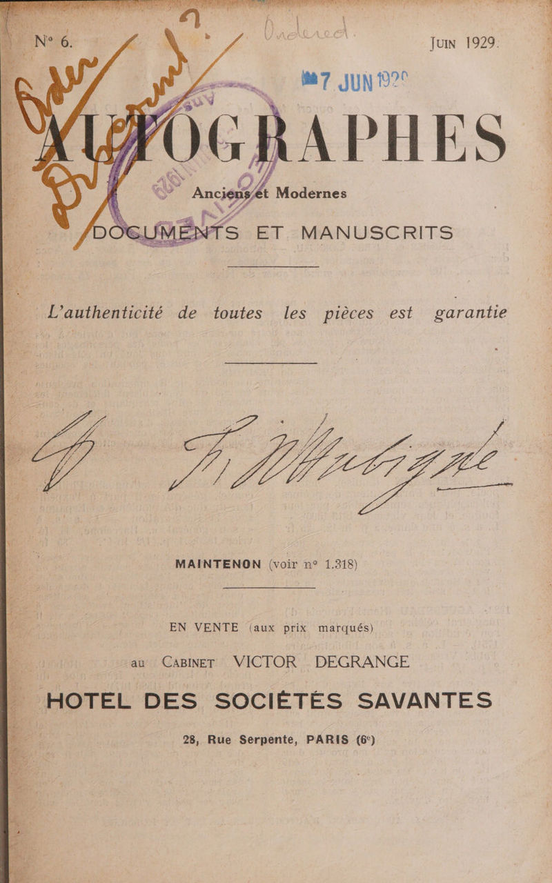 JuIN 1929. M7 JUN 92° APHES sn 5 D 4 ET MANUSCRITS . EN VENTE (aux prix marqués) au CaBINET VICTOR DEGRANGE HOTEL DES SOCIÉTÉS SAVANTES