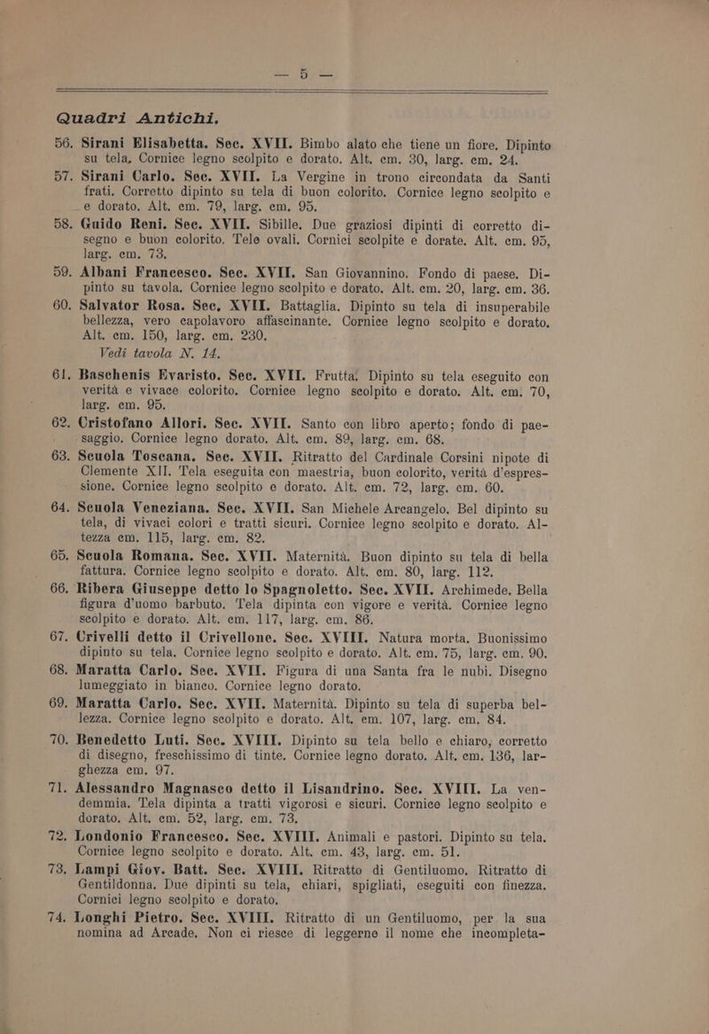 | or | Sirani Elisabetta. Sec. XVII. Bimbo alato che tiene un fiore. Dipinto su tela, Cornice legno seolpito e dorato. Alt. em. 30, larg. em. 24. Sirani Carlo. Sec. XVII. La Vergine in trono circondata da Santi frati. Corretto dipinto su tela di buon colorito. Cornice legno scolpito e e dorato. Alt. em. 79, larg. em. 95. Guido Reni. Sec. XVII. Sibille. Due graziosi dipinti di corretto di- segno e buon colorito, Tele ovali. Cornici seolpite e dorate. Alt. em. 9%, Jare. em. 73. | Albani Francesco. Sec. XVII. San Giovannino. Fondo di paese. Di- pinto su tavola. Cornice legno scolpito e dorato. Alt. em. 20, larg. em. 36. Salvator Rosa. See, XVII. Battaglia. Dipinto su tela di insuperabile bellezza, vero eapolavoro affascinante. Cornice legno scolpito e dorato. Alt. em. 150, larg. em. 230. Vedi tavola N. 14. Baschenis Evaristo. Sec. XVII. Frutta. Dipinto su tela eseguito con verita e vivace colorito. Cornice legno scolpito e dorato. Alt. em. 70, larg. em. 95. 7 saggio, Cornice legno dorato. Alt. em. 89, larg. cm. 68. Clemente XII. Tela eseguita con maestria, buon colorito, verita d’espres- sione. Cornice legno scolpito e dorato. Alt. em. 72, larg. cm. 60. tela, di vivaci colori e tratti sicuri. Cornice legno seolpito e dorato. Al- tezza em. 115, larg. em. 82. fattura. Cornice legno scolpito e dorato. Alt. em. 80, larg. 112. figura d’uomo barbuto. Tela dipinta eon vigore e verita. Cornice legno scolpito e dorato. Alt. em. 117, larg. em. 86. dipinto su tela. Cornice Jegno scolpito e dorato. Alt. em. 75, larg. em, 90. lumeggiato in bianeo, Cornice legno dorato. lezza. Cornice legno scolpito e dorato. Alt. em. 107, larg. em. 84. di disegno, freschissimo di tinte. Cornice legno dorato. Alt. em. 136, lar- ghezza em. 97. demmia. Tela dipinta a tratti vigorosi e sicuri. Cornice legno seolpito e dorato. Alt. em. 52, larg, em. 73. Cornice legno scolpito e dorato. Alt. em. 48, larg. em. 51. Lampi Gioy. Batt. Sec. XVIII. Ritratto di Gentiluomo. Ritratto di Gentildonna. Due dipinti su tela, chiari, spigliati, eseguiti con finezza. Cornici legno seolpito e dorato, Longhi Pietro. Sec. XVIII. Ritratto di un Gentiluomo, per la sua nomina ad Arcade. Non ci riesce di leggerne il nome che ineompleta-
